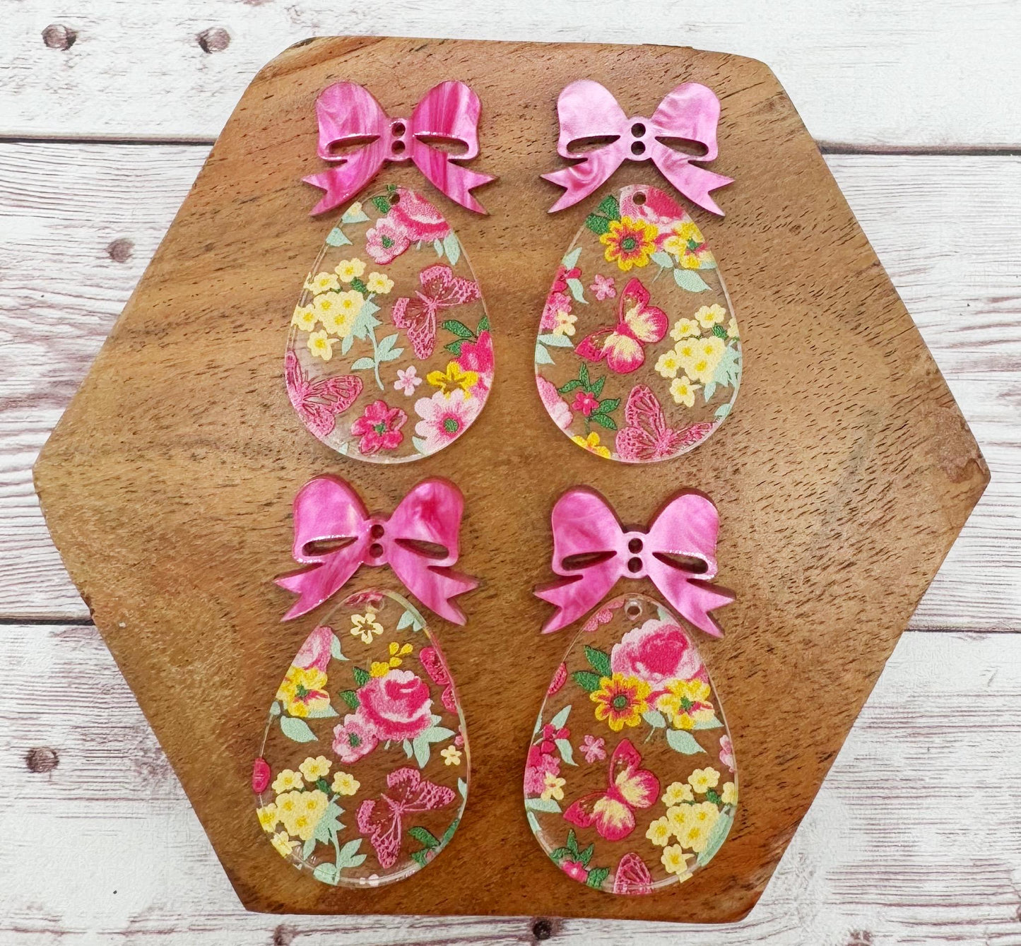 Floral Butterfly Print Egg With Pink Bow Connector Easter Earring Blanks, DIY Jewelry Making