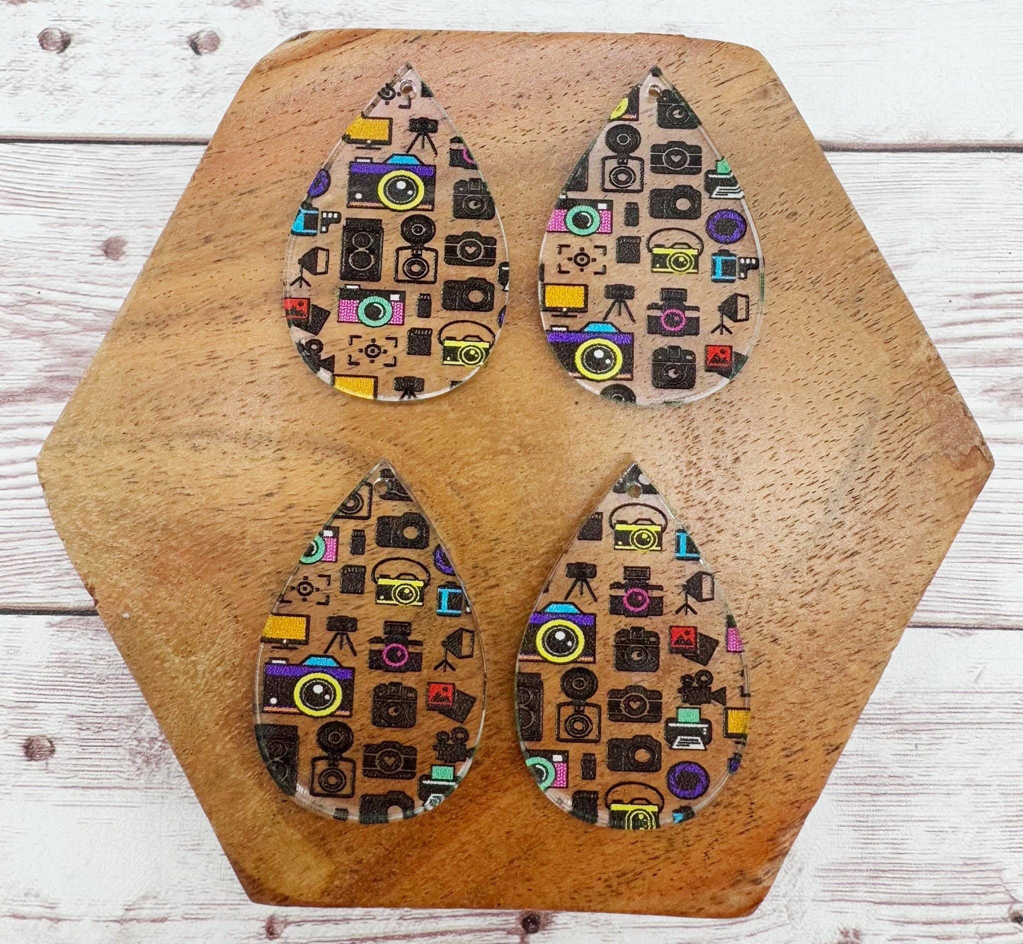 Photography Camera Print Acrylic Teardrop Earring Blanks, DIY Jewelry Making