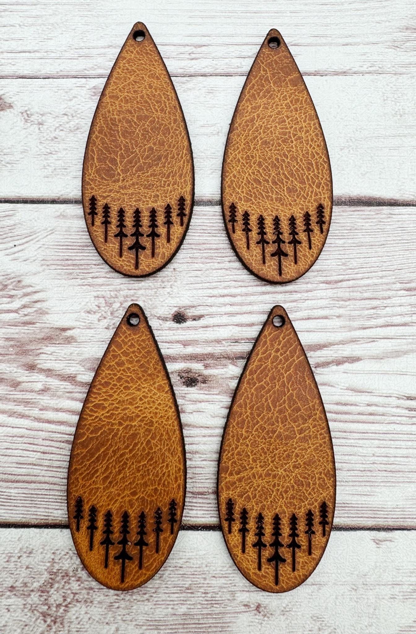 Engraved Vegetable Tanned Leather Tree Skinny Teardrop Earring Blanks, DIY Jewelry Making