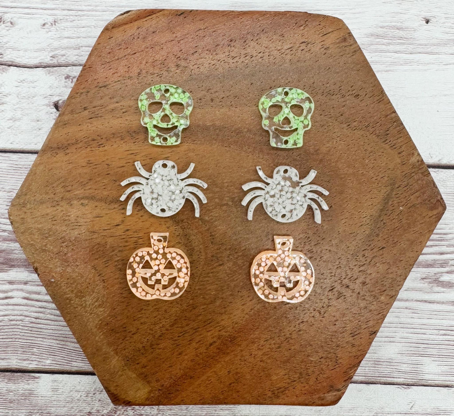 Halloween Glow in the Dark Glitter Skull Spider Pumpkin Dangle Trio Earring Blanks, DIY Jewelry Making