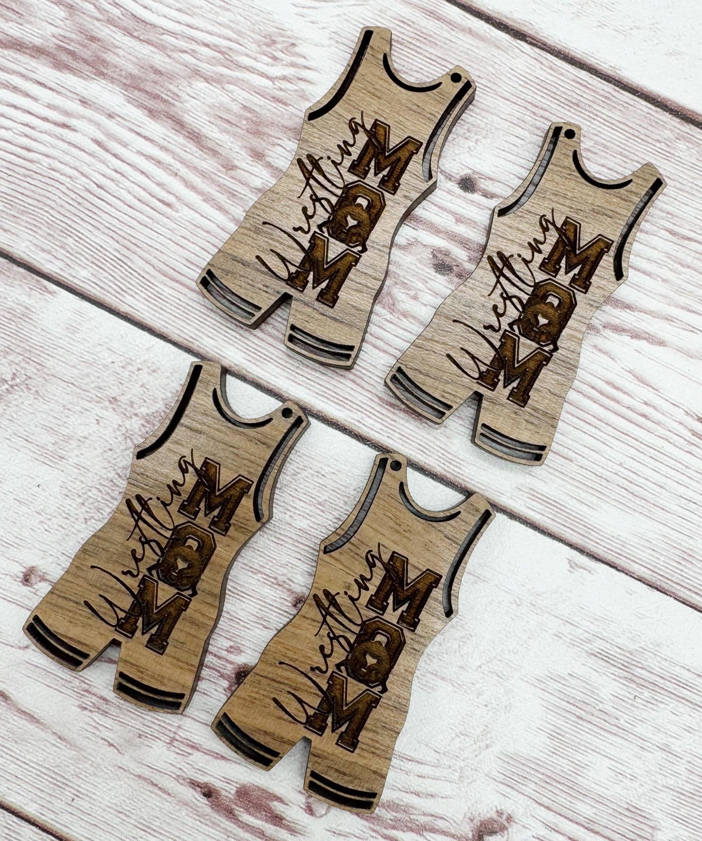 Wood Engraved Wrestling Mom Singlet Sports Earring Blanks, Finished Walnut Blank, DIY Jewelry Making