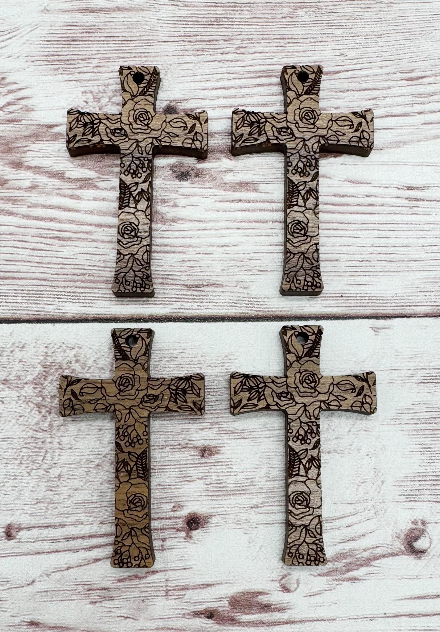 Wood Floral Engraved Cross Earring Blanks, Finished Walnut Blank, DIY Jewelry Making