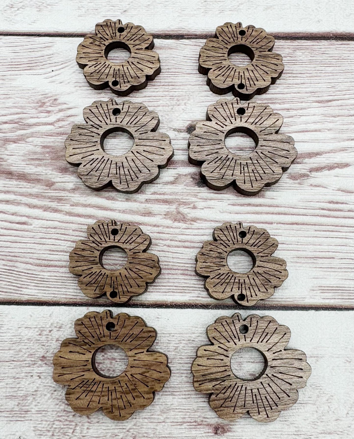 Wood Engraved Double Flower Earring Blanks, Finished Walnut Blank, DIY Jewelry Making