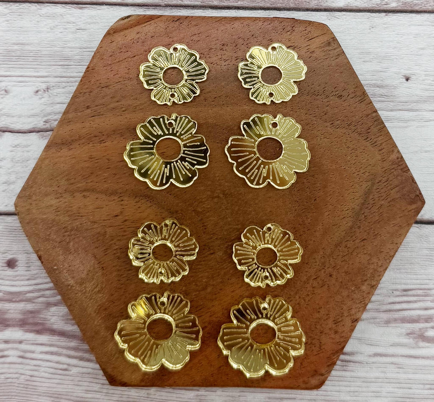 Engraved Gold Mirrored Double Flower Earring Blanks, DIY Jewelry Making