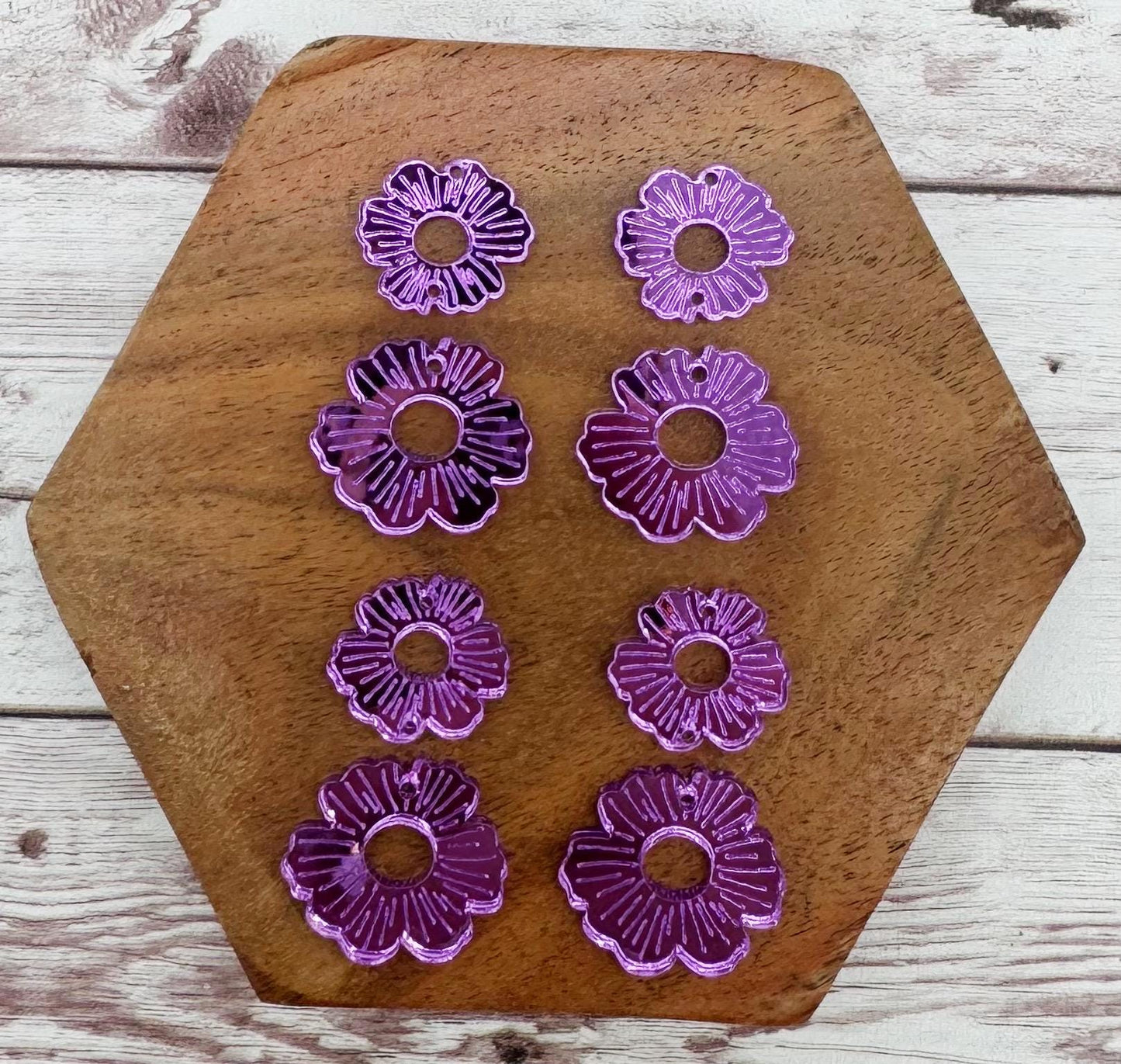 Engraved Purple Mirrored Double Flower Earring Blanks, DIY Jewelry Making
