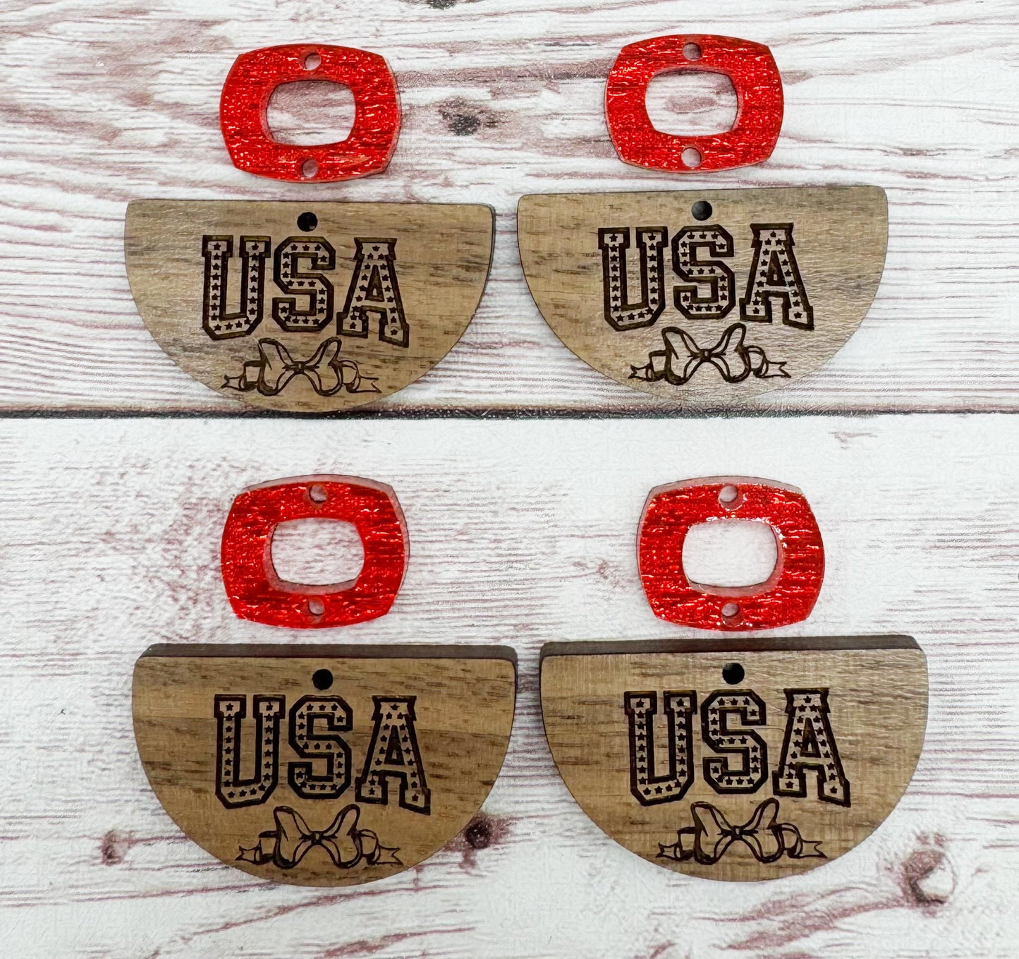 Engraved USA Bow 4th of July and Red Linen Connector Set Earring Blanks, DIY Jewelry Making