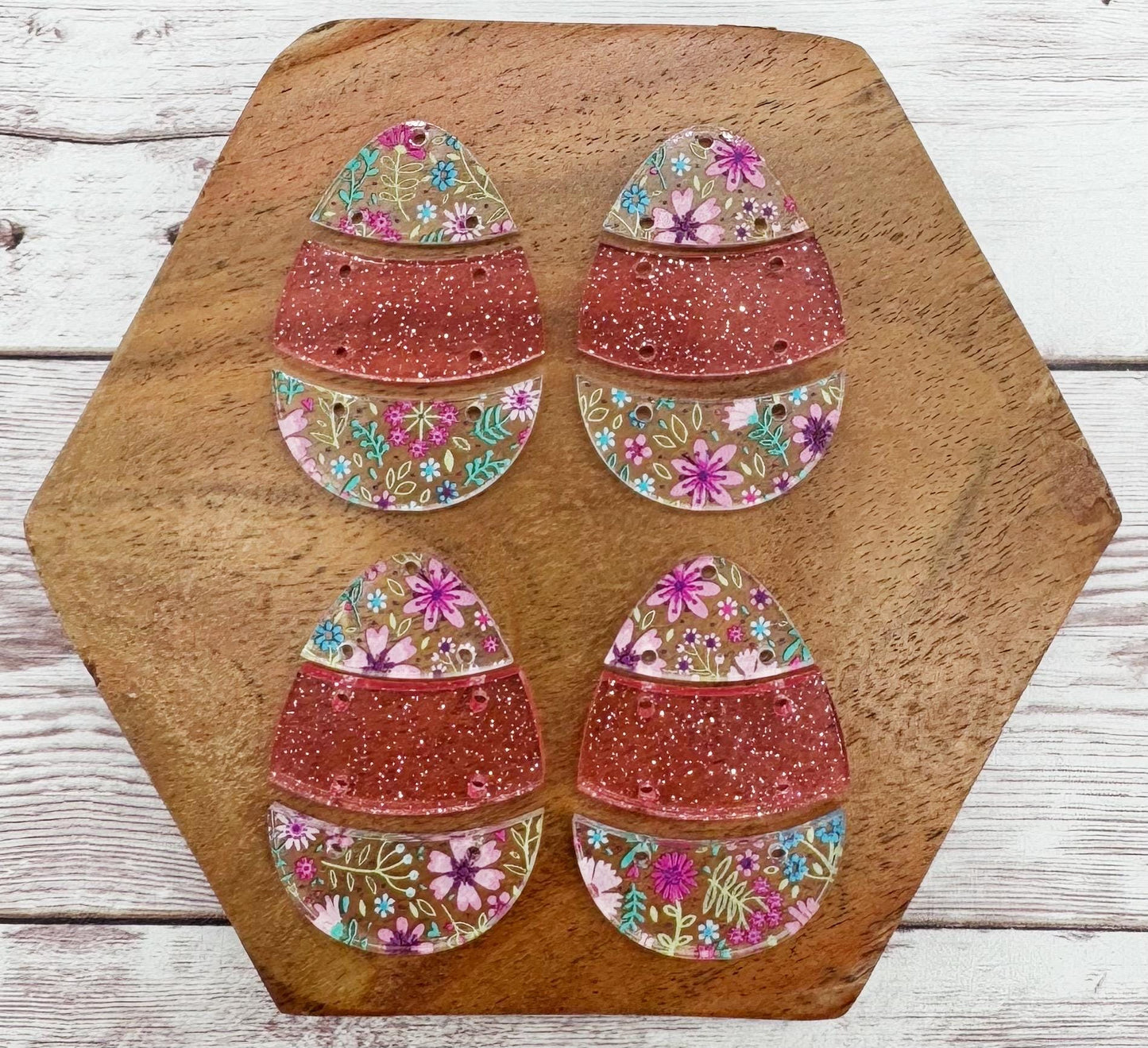 Spring Floral and Pink Glitter Easter Egg Trio Earring Blanks, DIY Jewelry Making