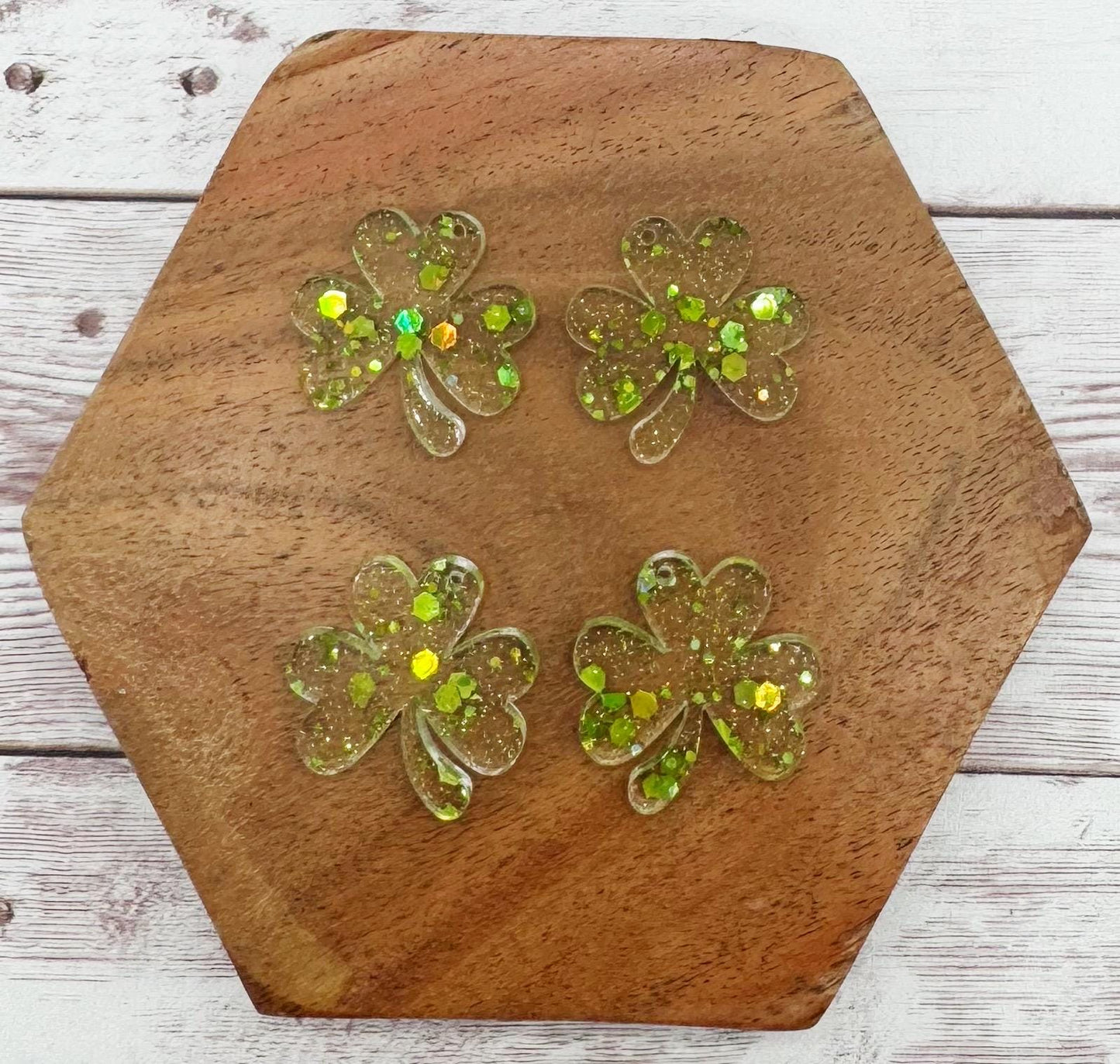 Green Hex Glitter Shamrock Acrylic Earring Blanks, St. Patty’s Day, DIY Jewelry Making