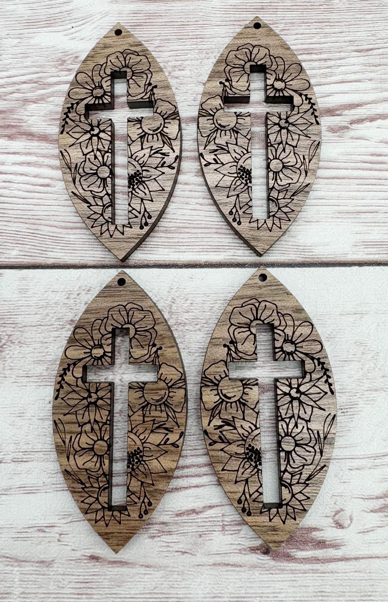 Wood Full Floral Engraved Cut Out Cross Earring Blanks, Finished Walnut Blank, DIY Jewelry Making