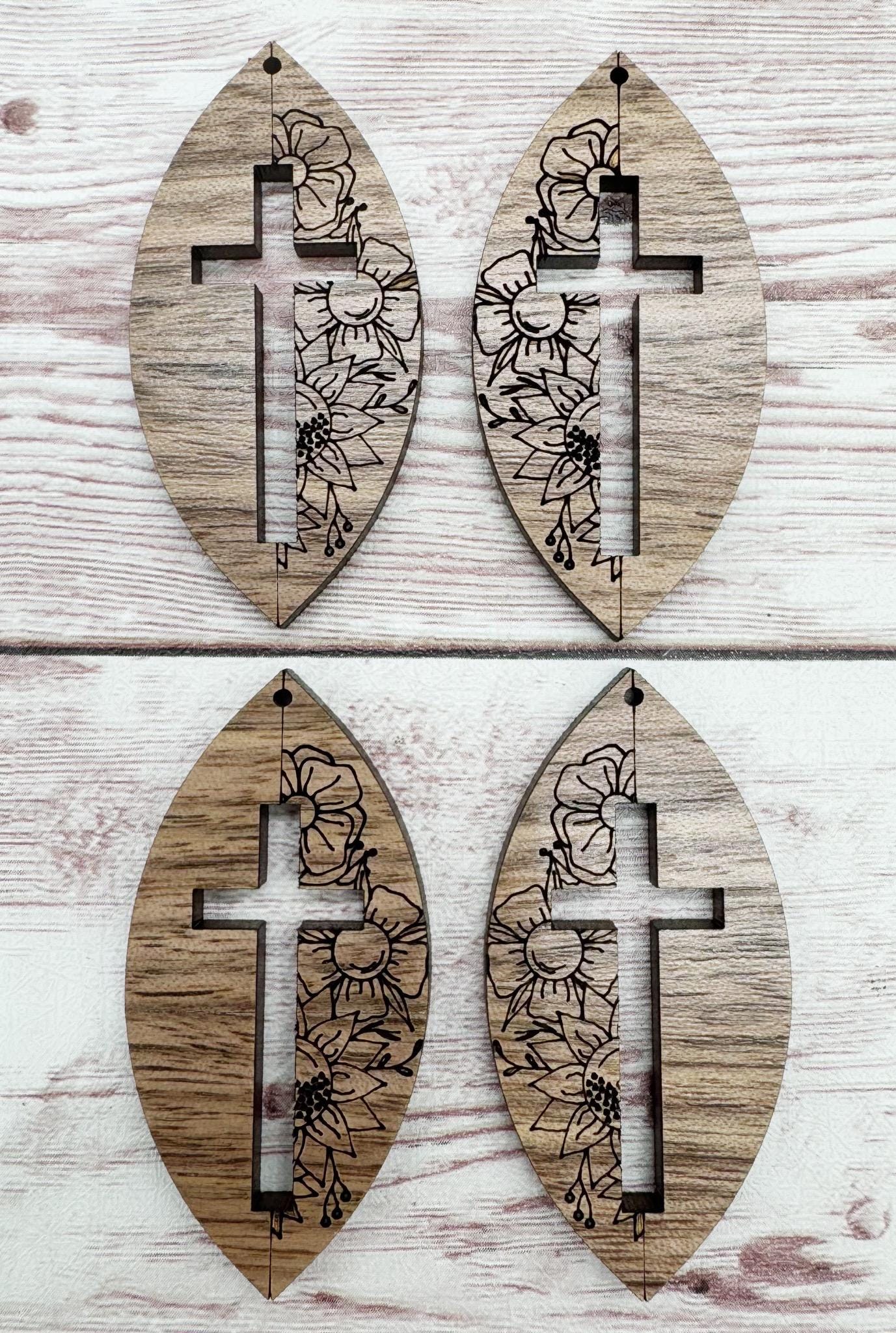 Wood Half Floral Engraved Cut Out Cross Earring Blanks, Finished Walnut Blank, DIY Jewelry Making