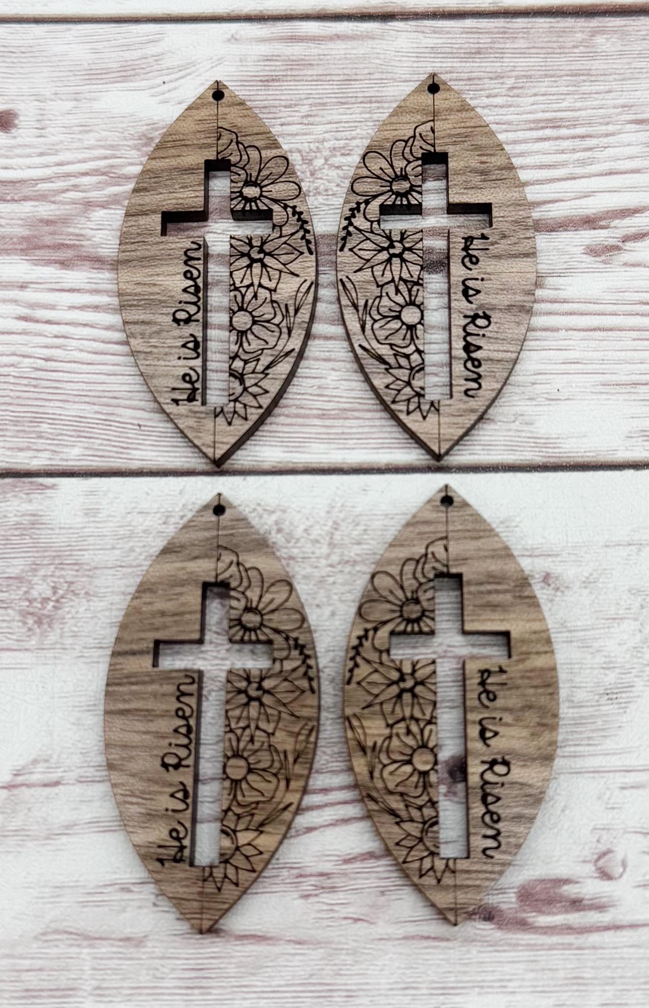 Wood Half Floral Engraved He is Risen Cut Out Cross Easter Earring Blanks, Finished Walnut Blank, DIY Jewelry Making
