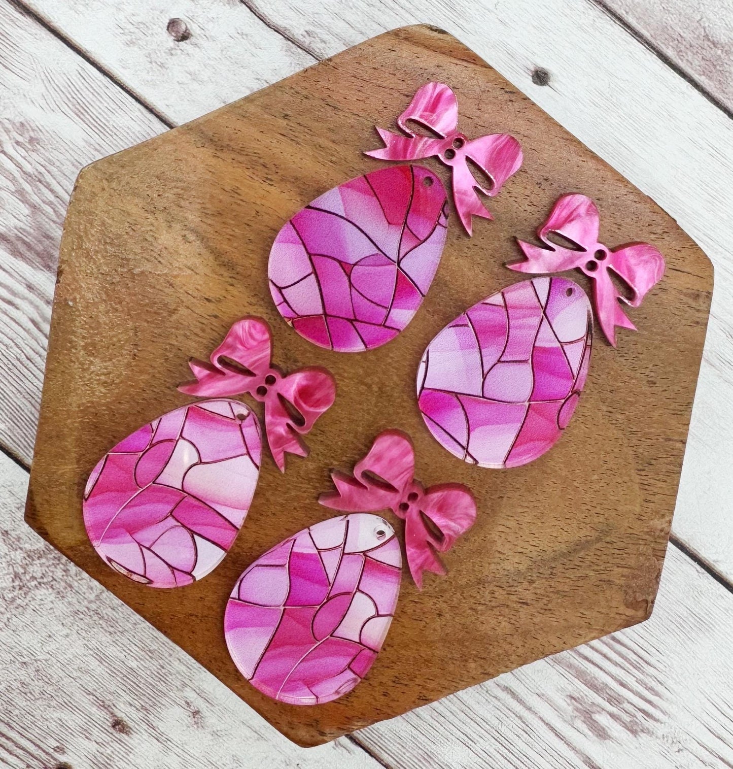 Pink Stained Glass Print Egg With Pink Bow Connector Easter Earring Blanks, DIY Jewelry Making