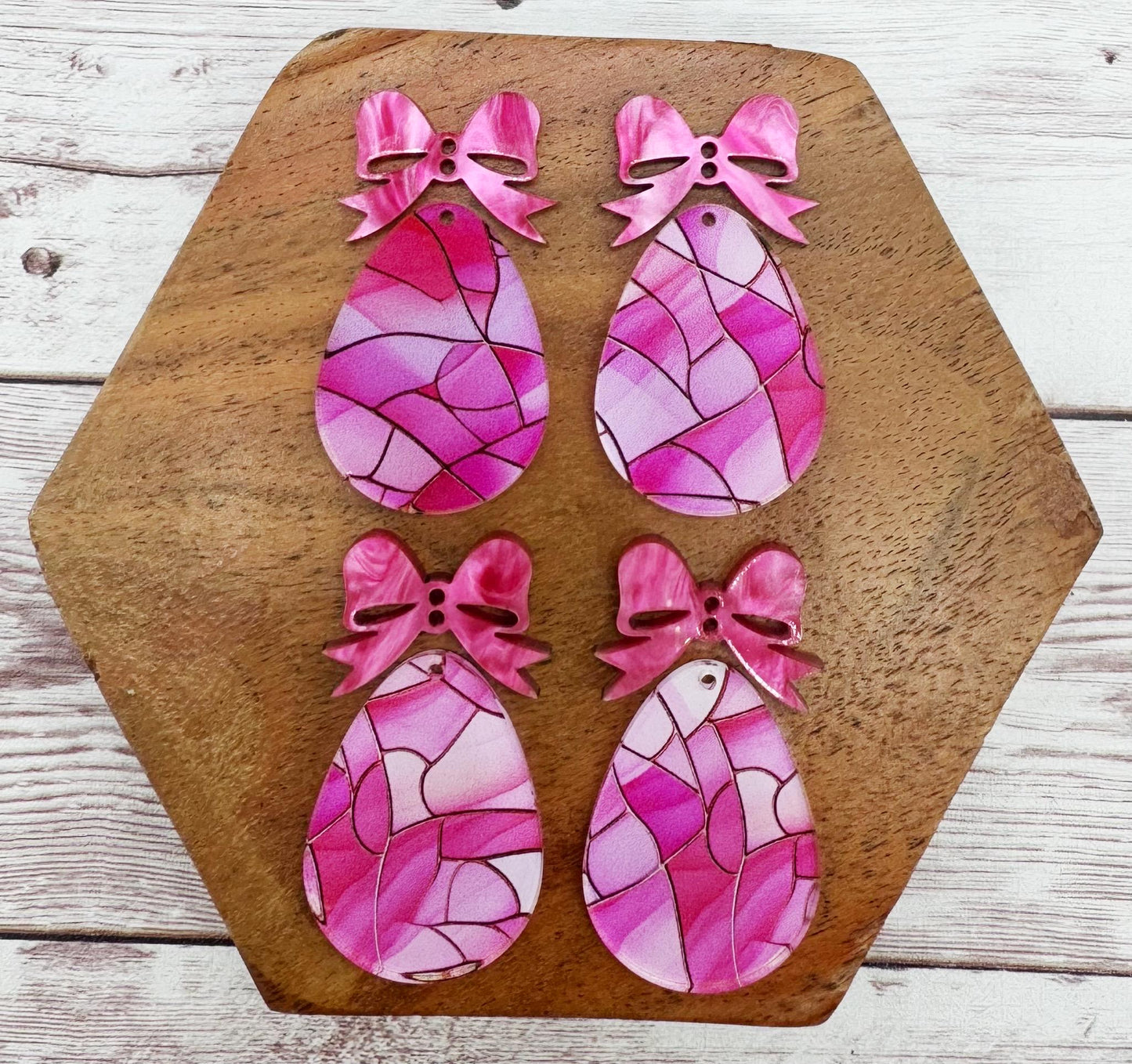 Pink Stained Glass Print Egg With Pink Bow Connector Easter Earring Blanks, DIY Jewelry Making