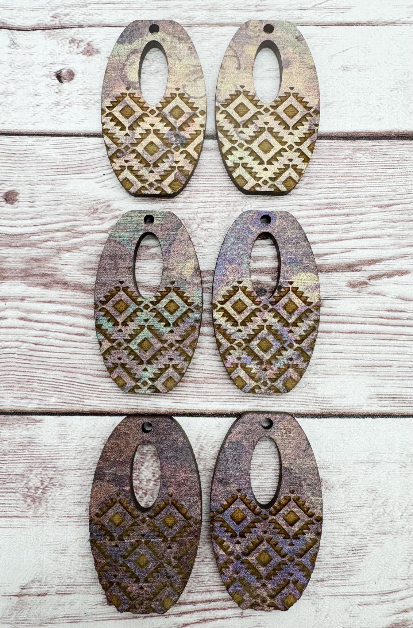 Patterned Wood Engraved Aztec Print Rounded Rectangle Earring Blanks, Finished Walnut Blank, DIY Jewelry Making