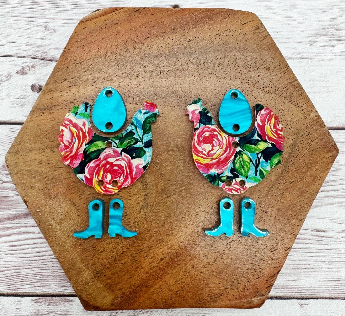 Vintage Country Rose Print Acrylic With Boots and Egg Connector Set Earring Blanks, DIY Jewelry Making