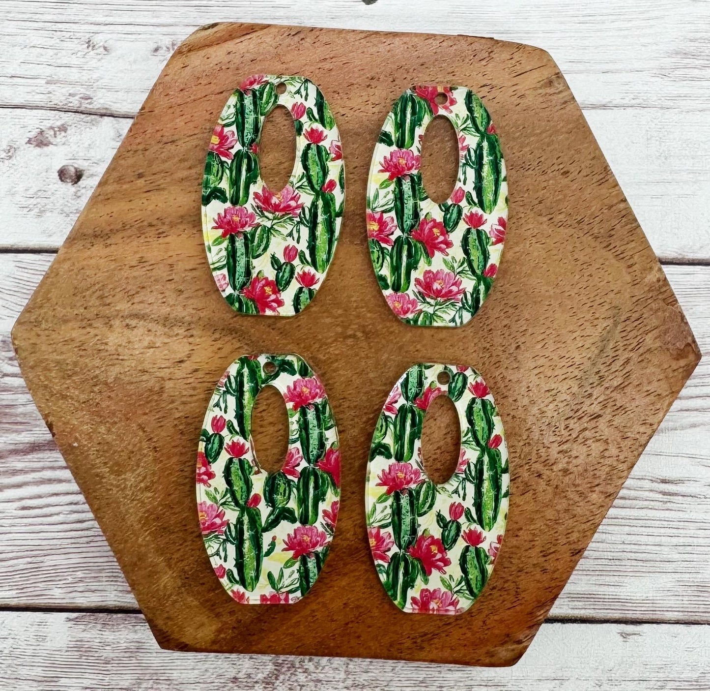 Vintage Desert Cactus Flower Print Acrylic Open Rounded Rectangle Earring Blanks, DIY Jewelry Making