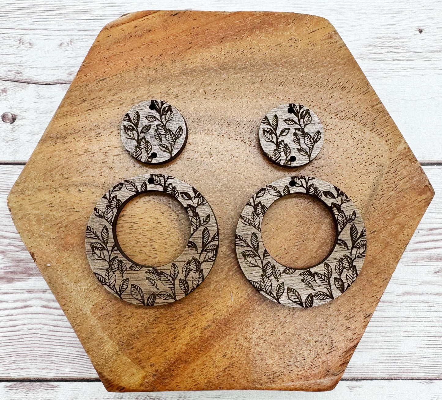 Wood Engraved Leaf Hoop with Connector Earring Blanks, Finished Walnut Blank, DIY Jewelry Making