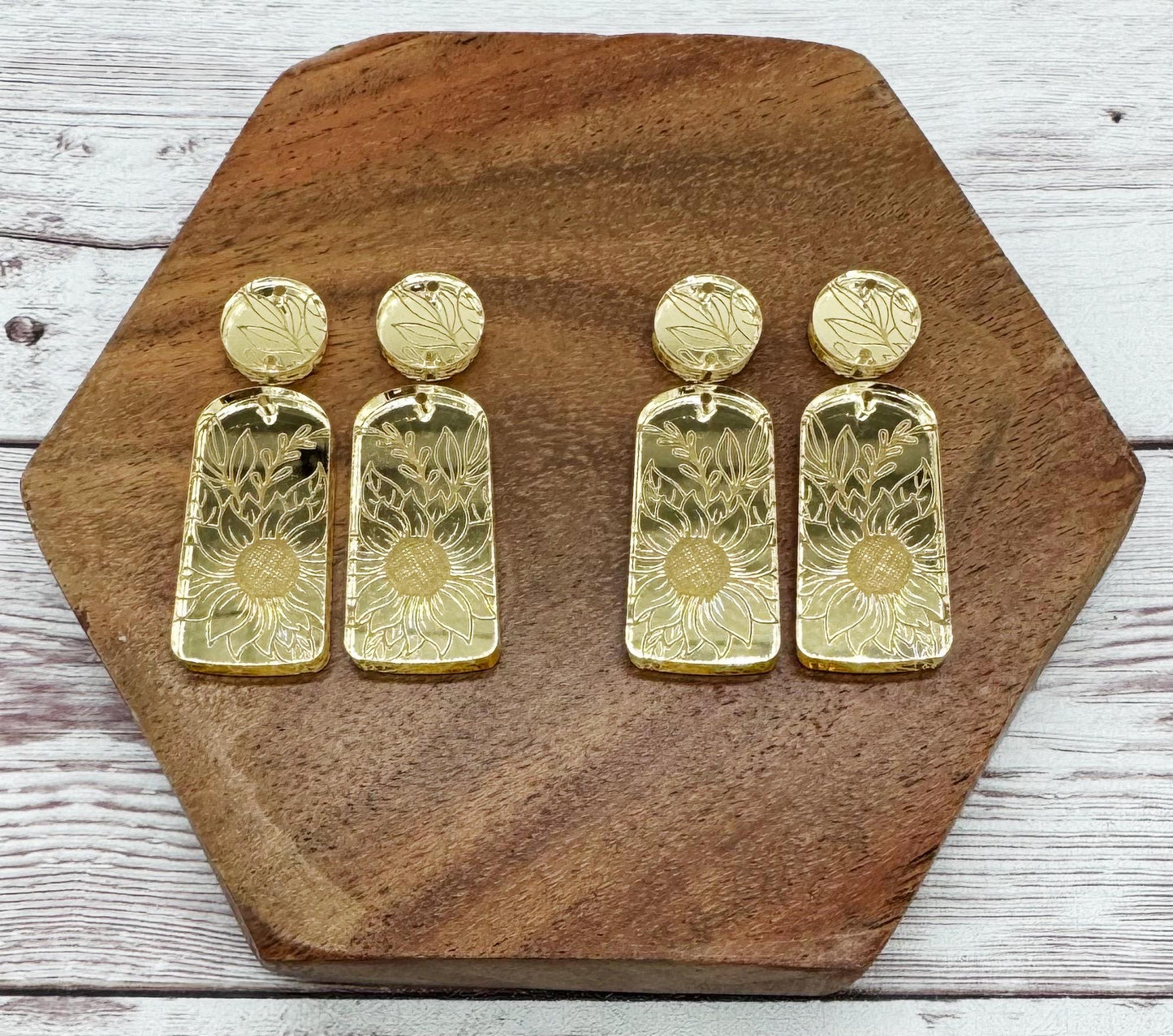 Engraved Sunflower Mirrored Gold Acrylic Connector Set Earring Blanks, DIY Jewelry Making