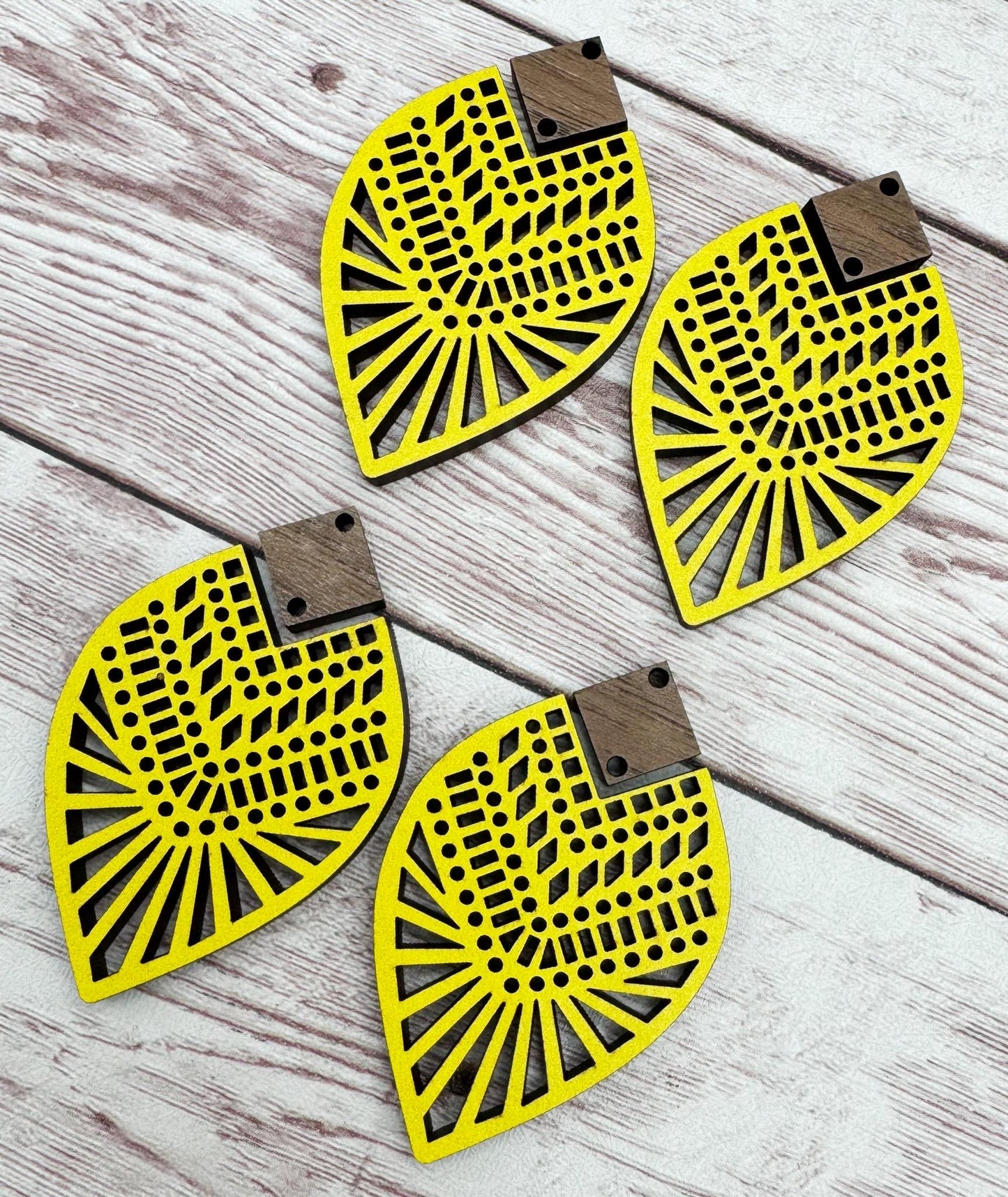 Intricate Yellow Lace Teardrop and Wood Connector Earring Blanks, DIY Jewelry Making