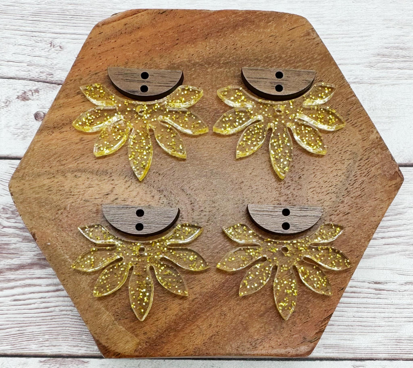 Gold Glitter and Walnut Flower Dangle Set Earring Blanks, DIY Jewelry Making