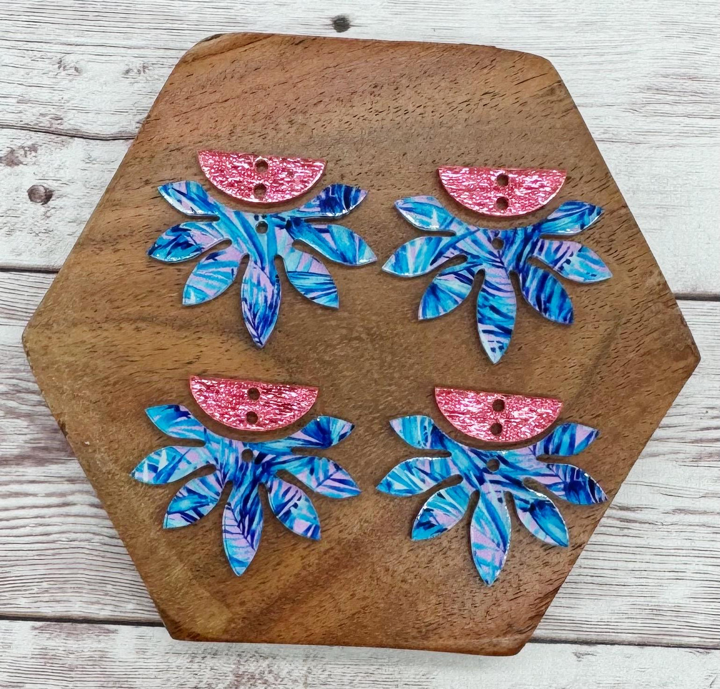 Tropical Print Acrylic and Pink Shimmer Connector Flower Dangle Set Earring Blanks, DIY Jewelry Making