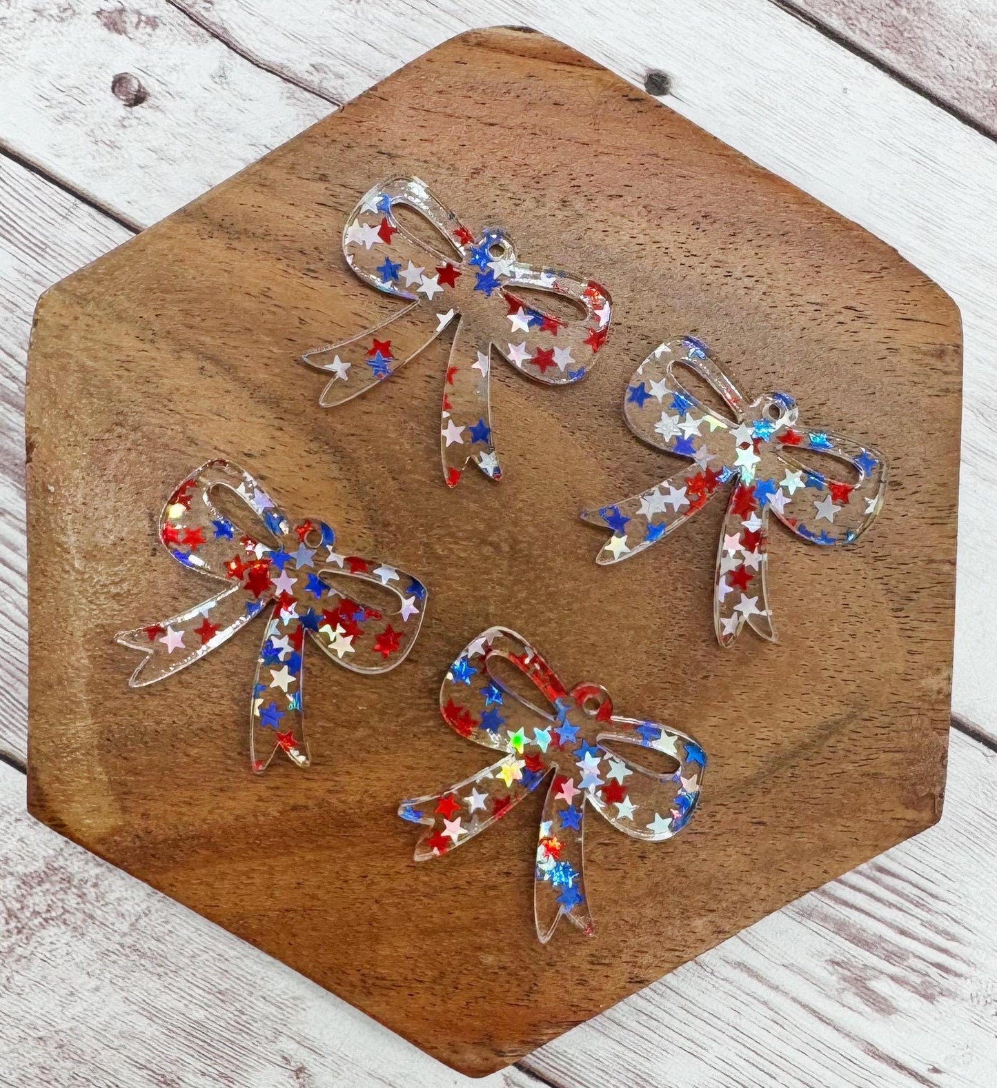 Set of 2 Red Siver Blue Stars Patriotic Acrylic Bow Earring Blanks DIY Jewelry Making