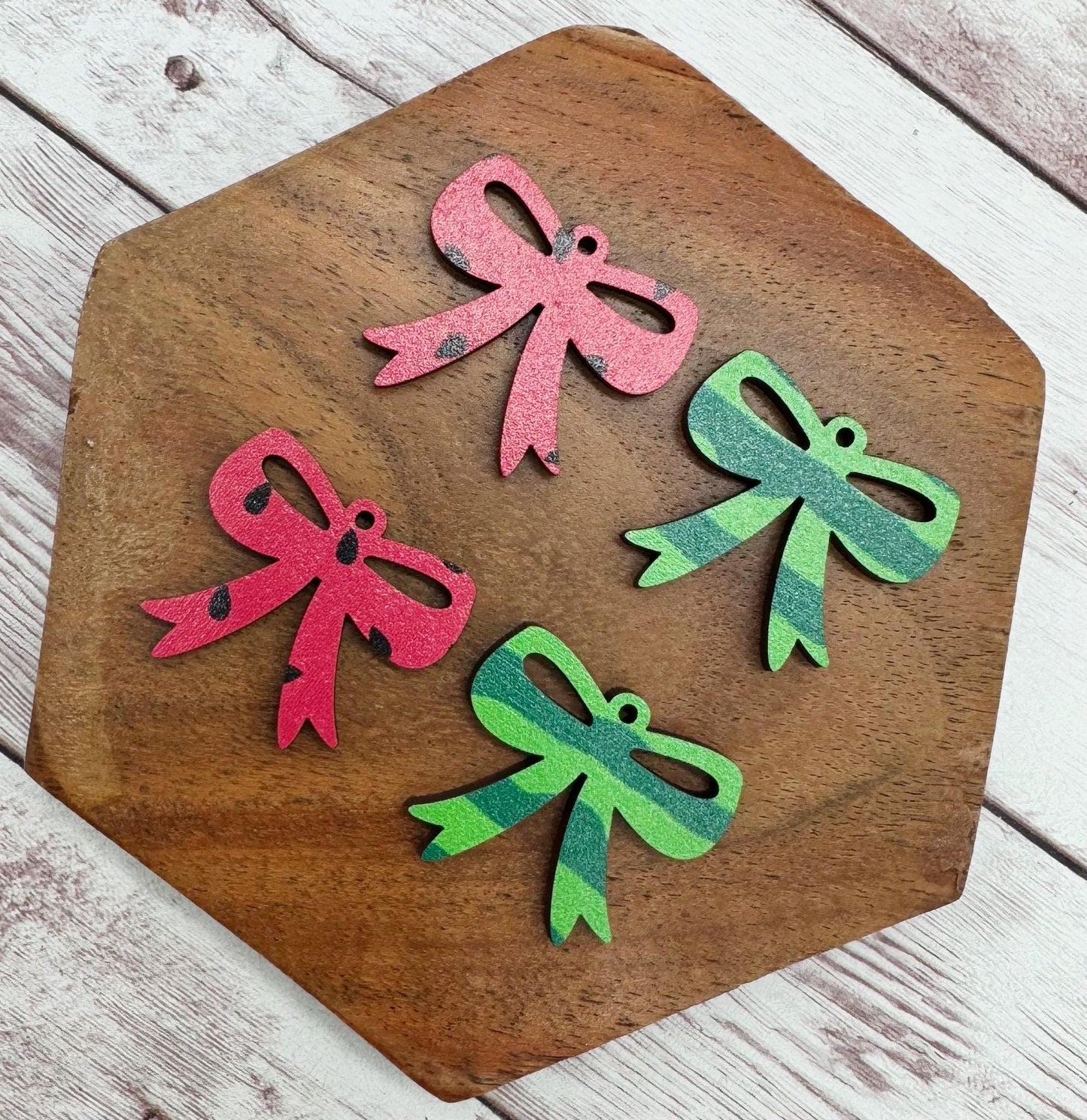 Set of 2 Pair Watermelon Patterned Wood Summer Bow Earring Blanks DIY Jewelry Making