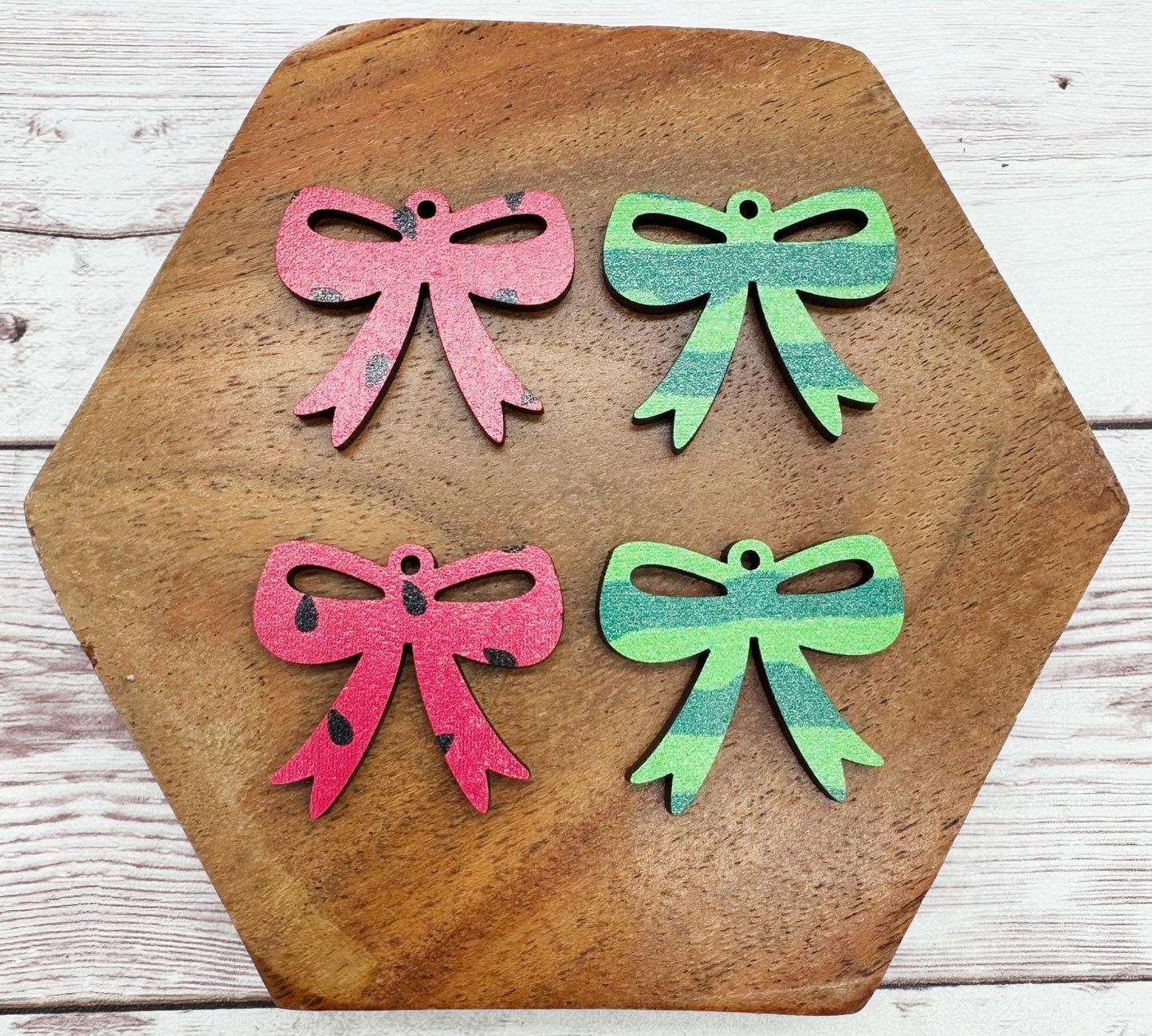 Set of 2 Pair Watermelon Patterned Wood Summer Bow Earring Blanks DIY Jewelry Making