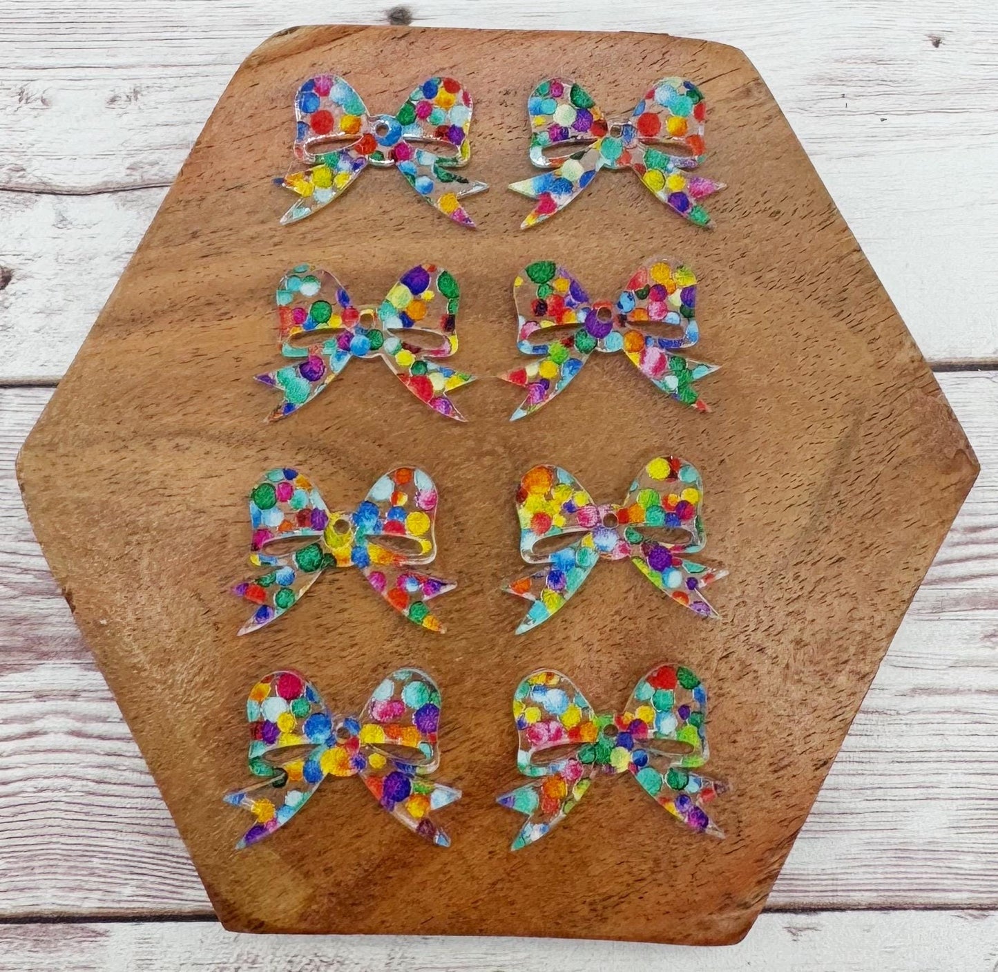 Set of 4 Pair Rainbow Dot Print Mini Bow Earring Blanks DIY Jewelry Making