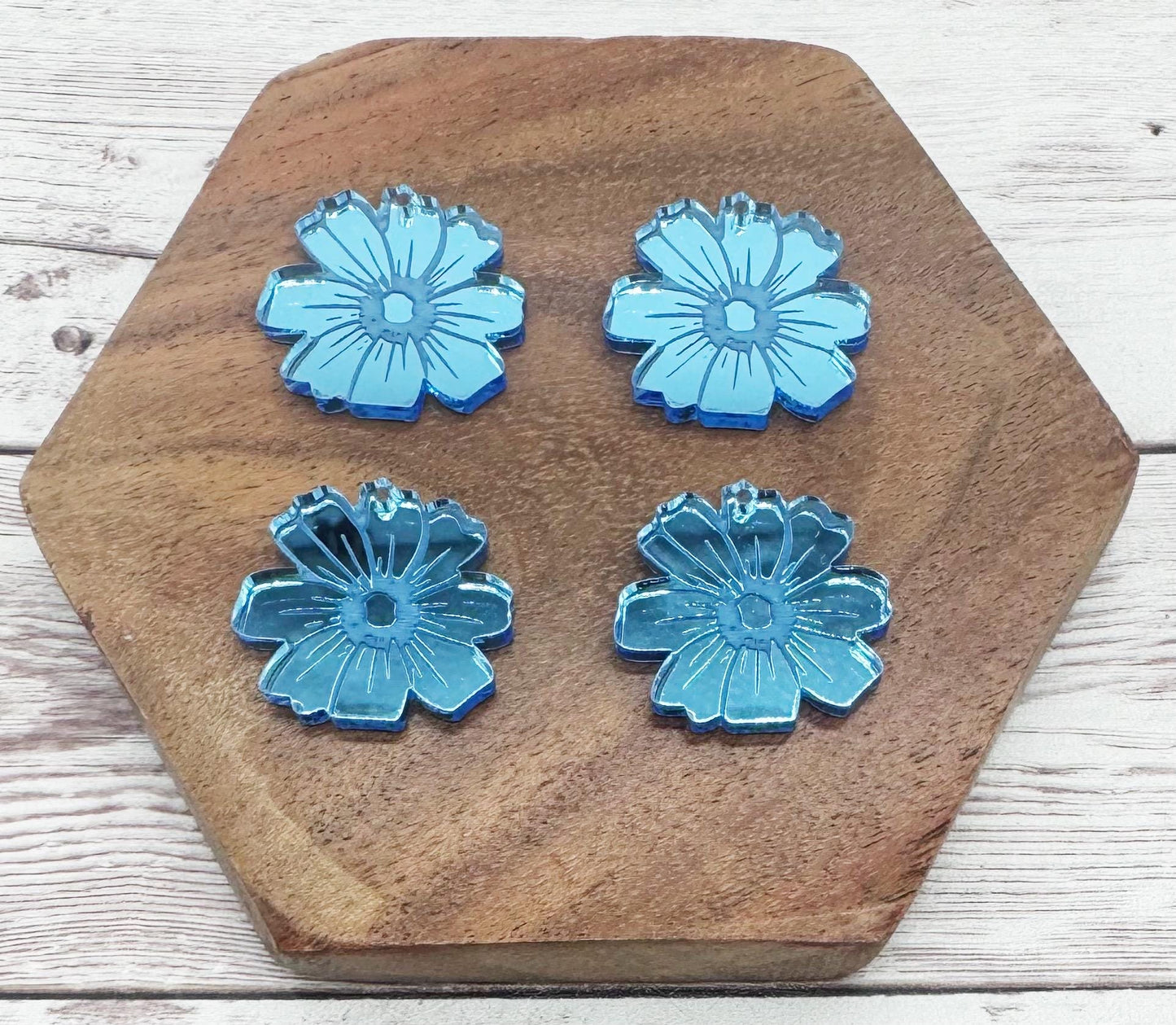 Engraved Sky Blue Flower Mirrored Acrylic Earring Blanks, DIY Jewelry Making