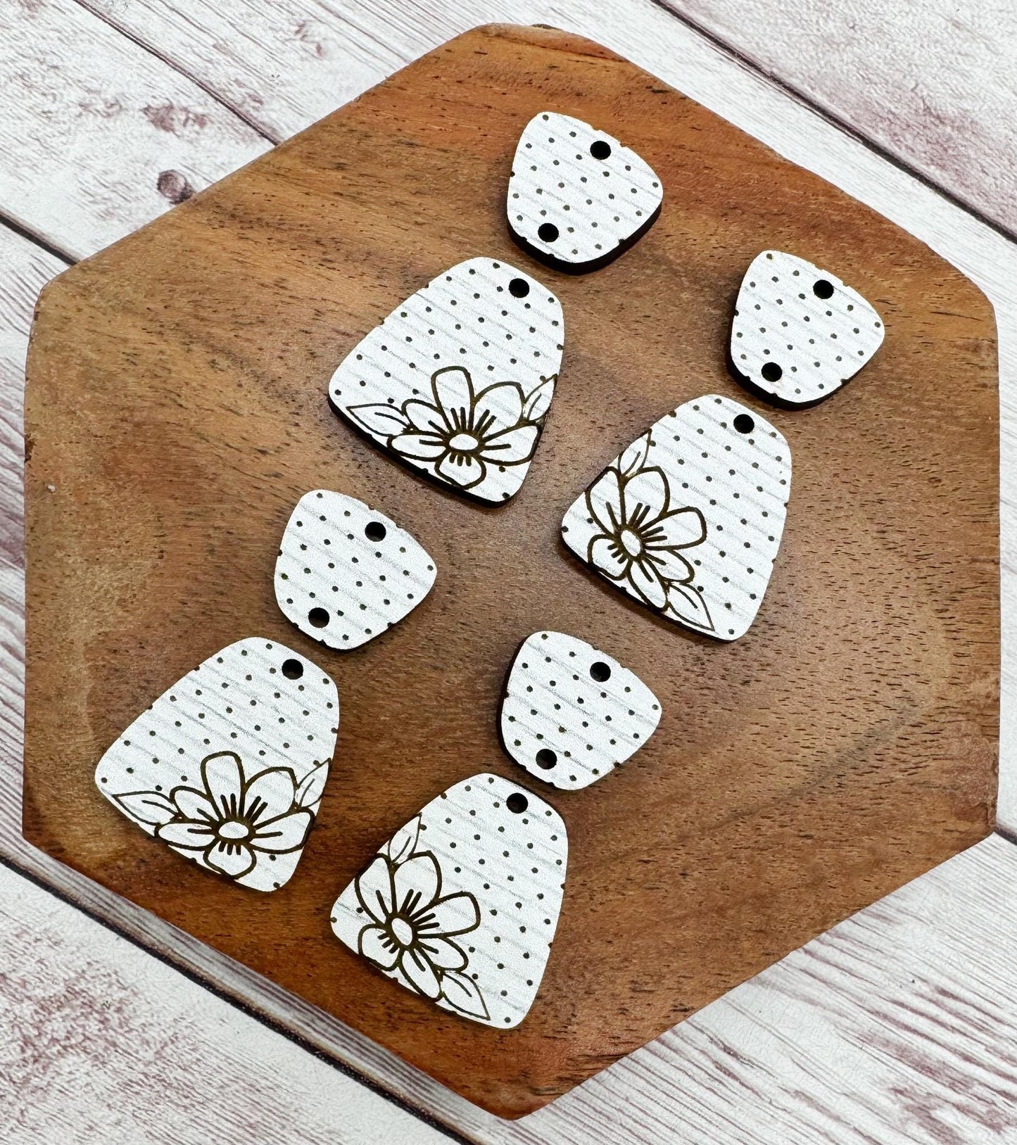 Patterned Wood Engraved Polka Dot Flower Duo Earring Blanks, DIY Jewelry Making
