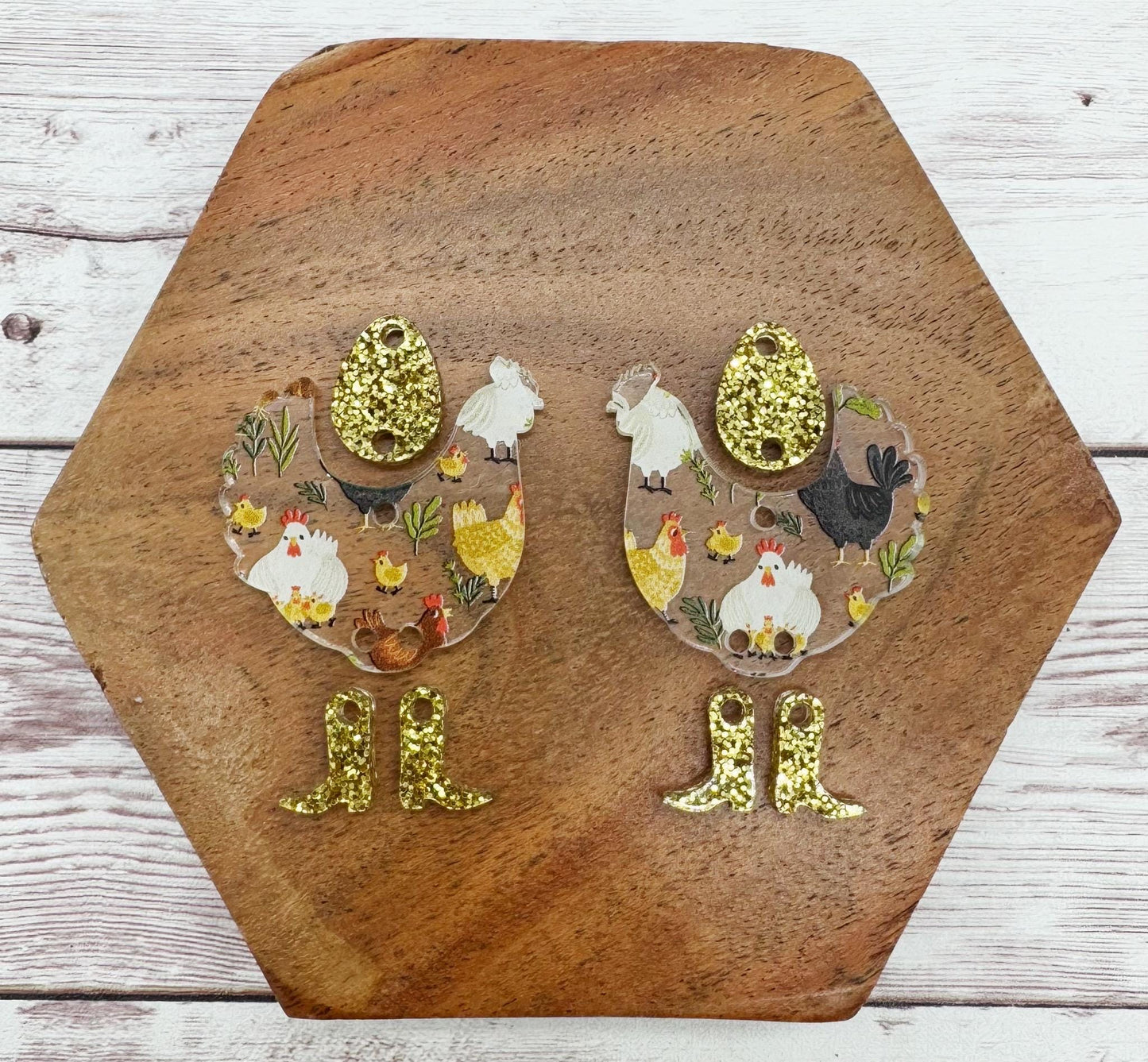 Chicken Hen Print Acrylic With Boots and Egg Connector Set Earring Blanks, DIY Jewelry Making