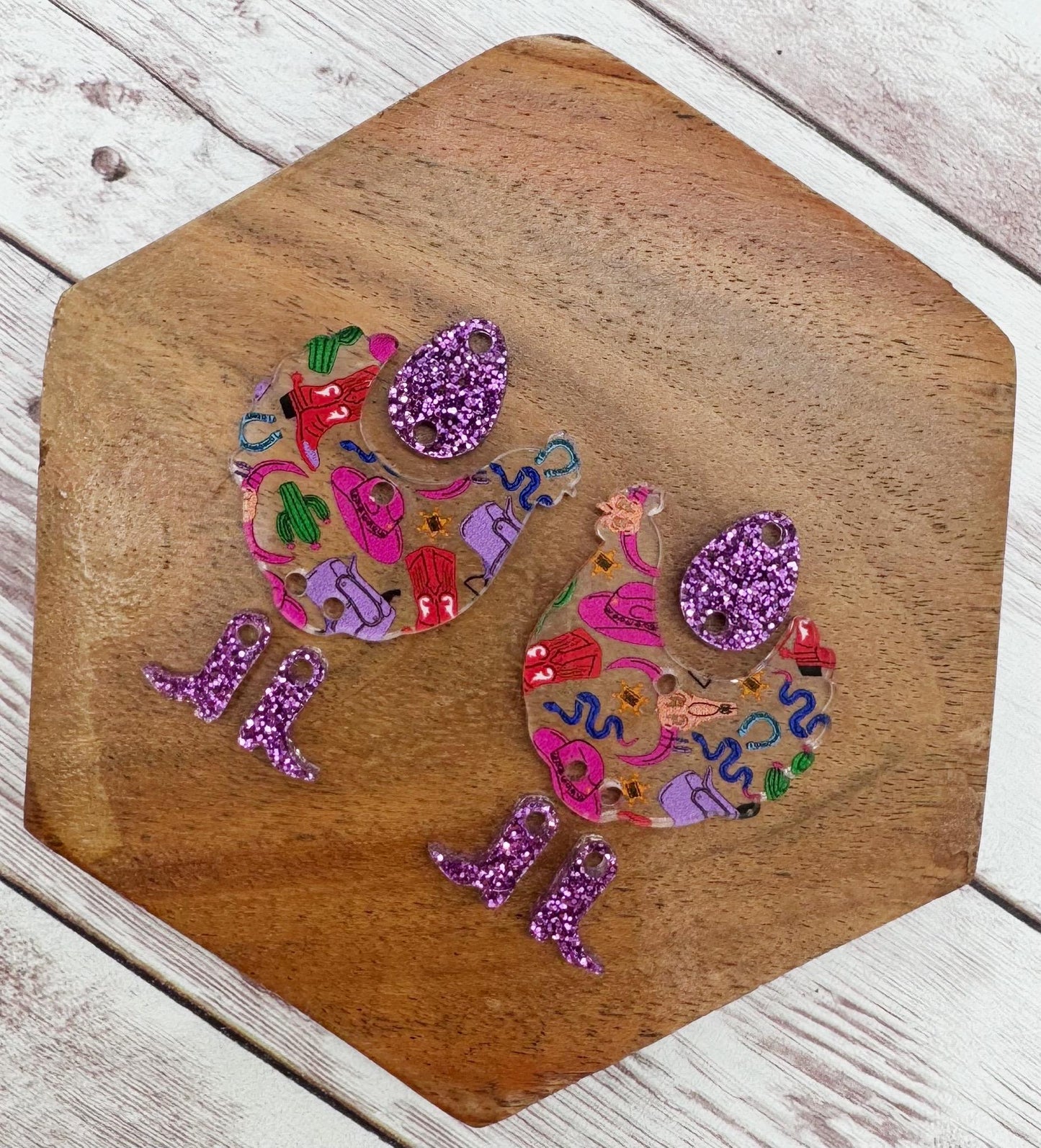 Western Print Acrylic With Boots and Egg Connector Set Earring Blanks, DIY Jewelry Making