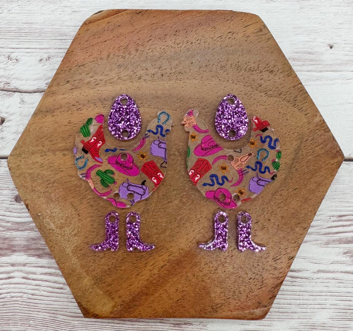 Western Print Acrylic With Boots and Egg Connector Set Earring Blanks, DIY Jewelry Making