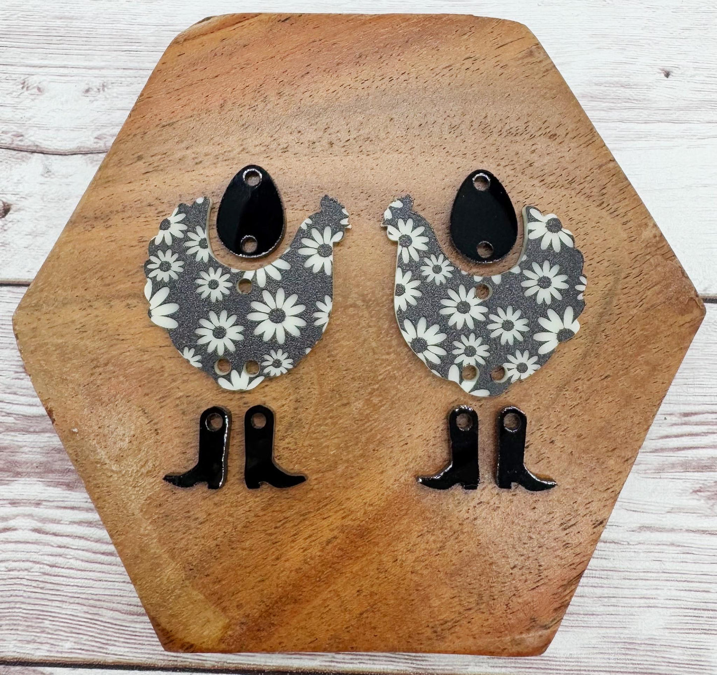 Black and Ivory Daisy Print Acrylic With Boots and Egg Connector Set Earring Blanks, DIY Jewelry Making