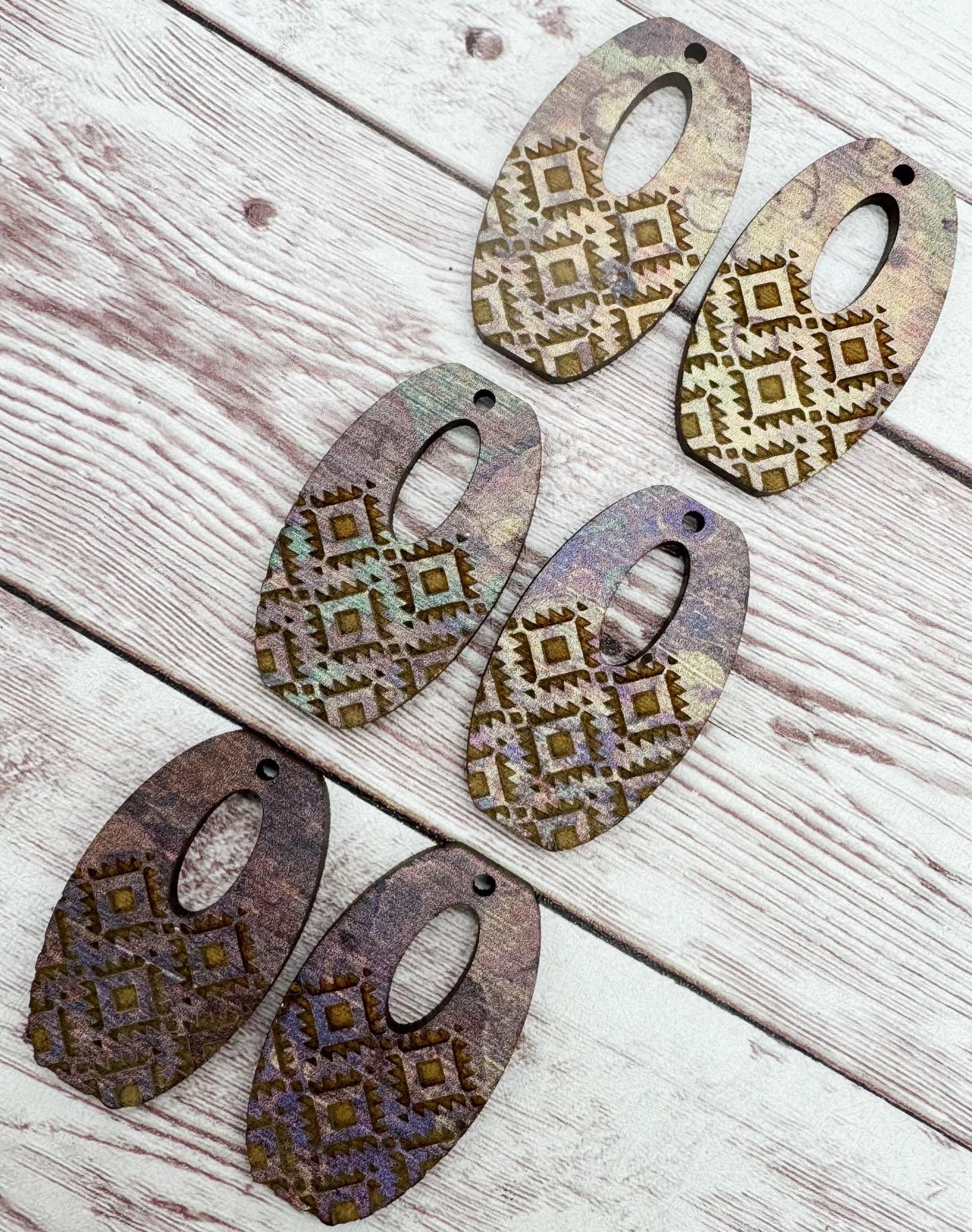 Patterned Wood Engraved Aztec Print Rounded Rectangle Earring Blanks, Finished Walnut Blank, DIY Jewelry Making