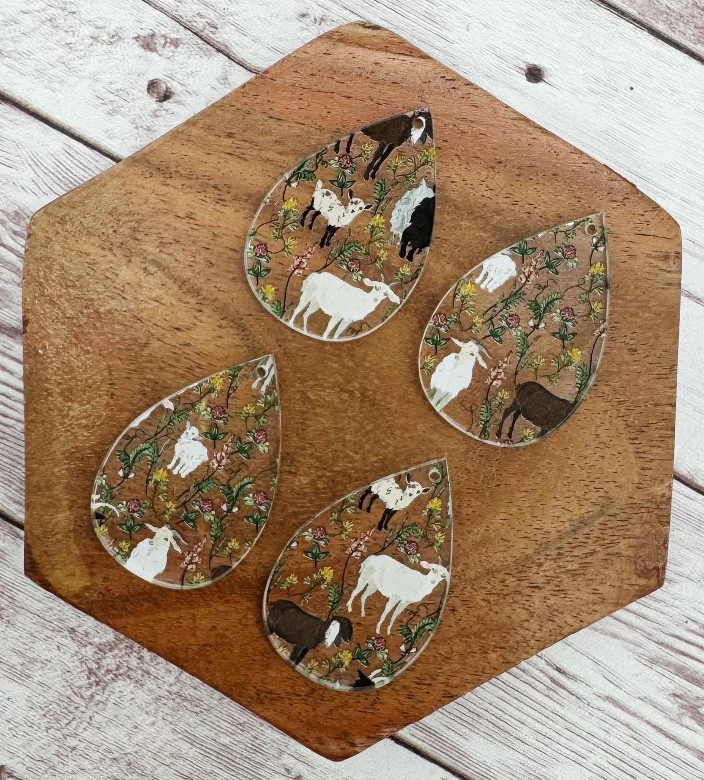 Patterned Floral Goat Animal Farm Print Acrylic Teardrop Earring Blanks, DIY Jewelry Making