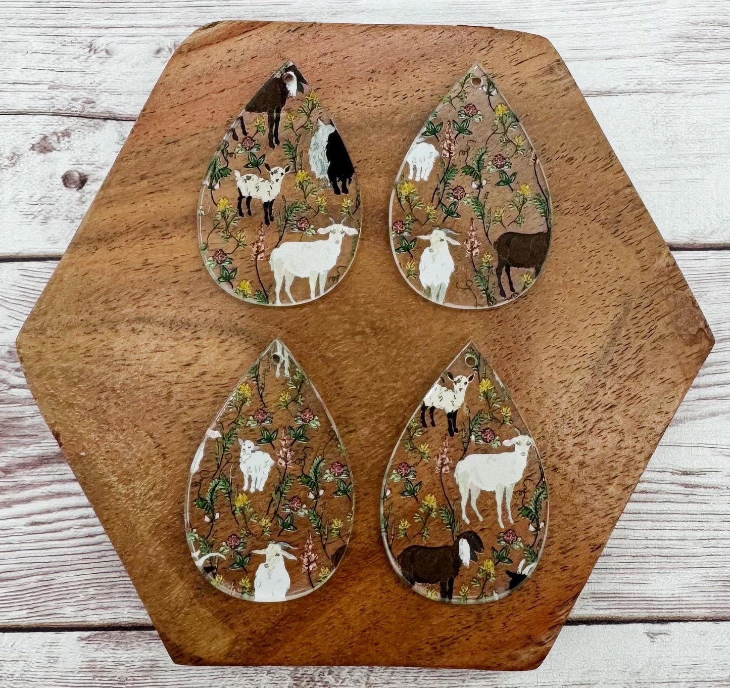 Patterned Floral Goat Animal Farm Print Acrylic Teardrop Earring Blanks, DIY Jewelry Making