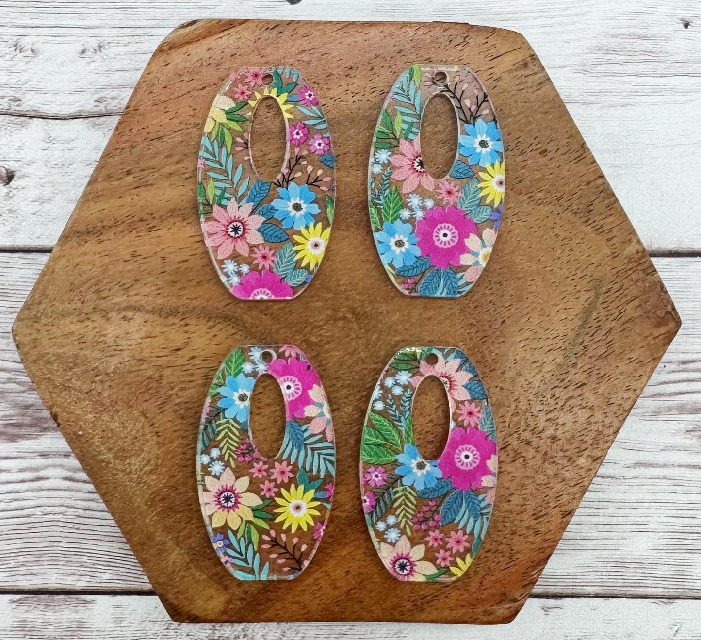Flower Floral Print Acrylic Open Rounded Rectangle Earring Blanks, DIY Jewelry Making