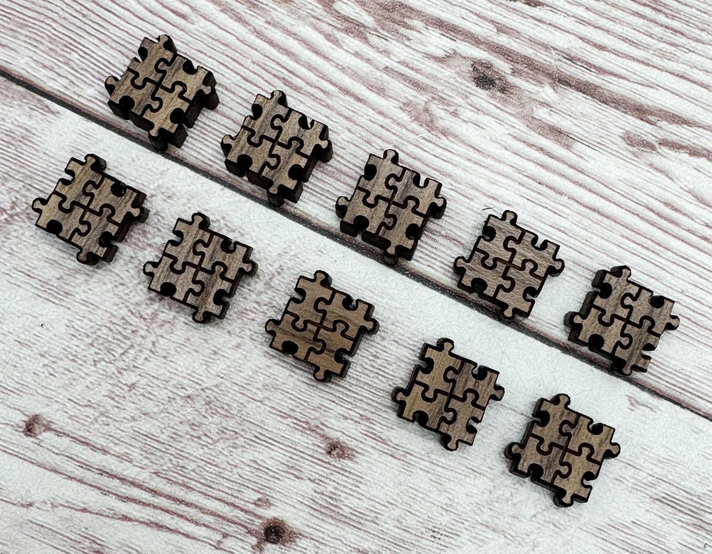 Autism Puzzle Piece Engraved Walnut Stud Earring Blanks Set of 5 Pair DIY Jewelry Making