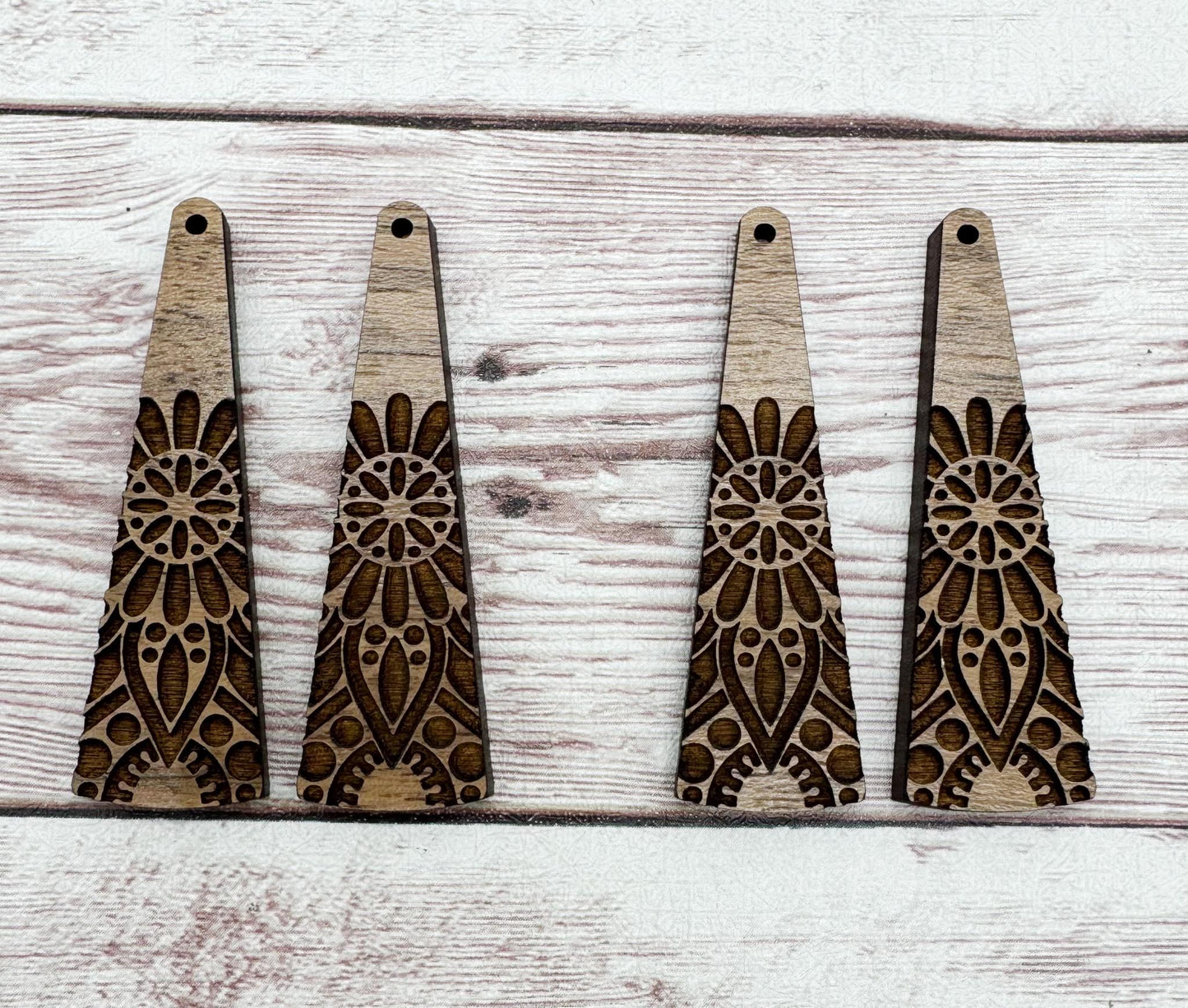 Long Triangle Engraved Mandala Walnut Earring Blanks, Finished Walnut Blank, DIY Jewelry Making