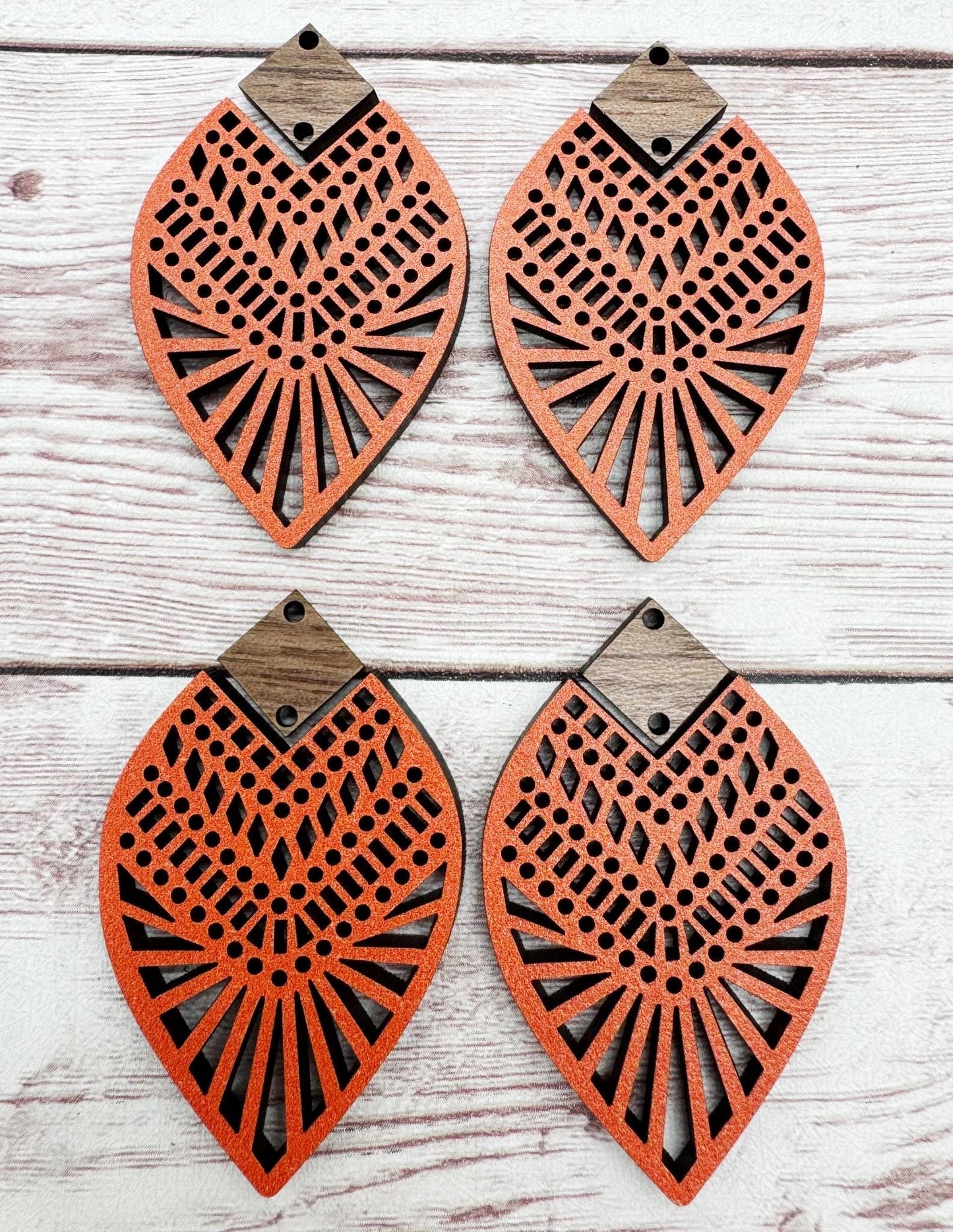 Intricate Burnt Orange Lace Teardrop and Wood Connector Earring Blanks, DIY Jewelry Making