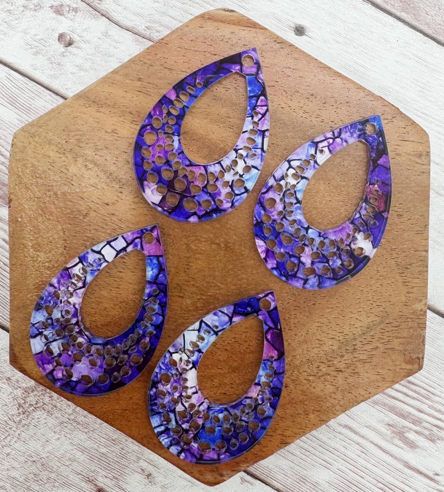 Purple Stained Glass Print Acrylic Open Dot Teardrop Earring Blanks, DIY Jewelry Making