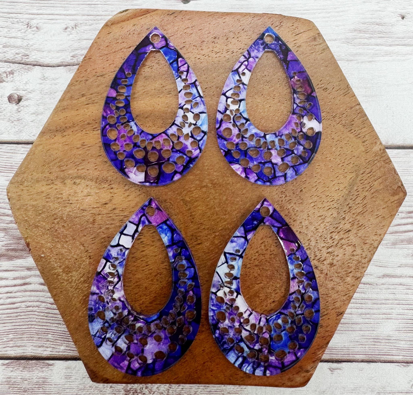 Purple Stained Glass Print Acrylic Open Dot Teardrop Earring Blanks, DIY Jewelry Making
