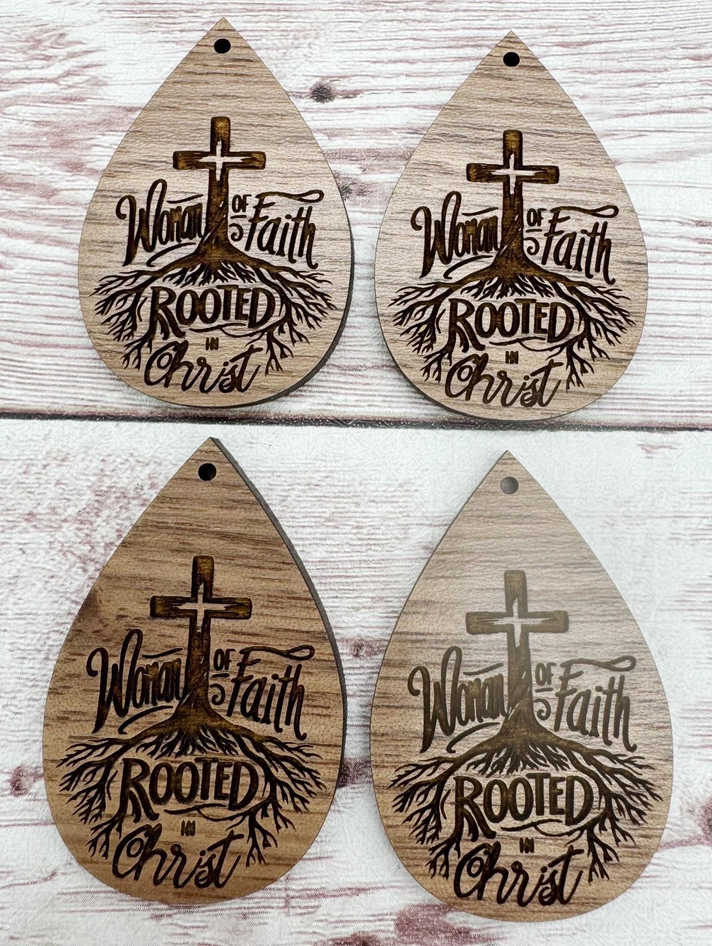 Engraved Woman of Faith Rooted in Christ Religious Teardrop Earring Blanks, Finished Walnut Blank, DIY Jewelry Making