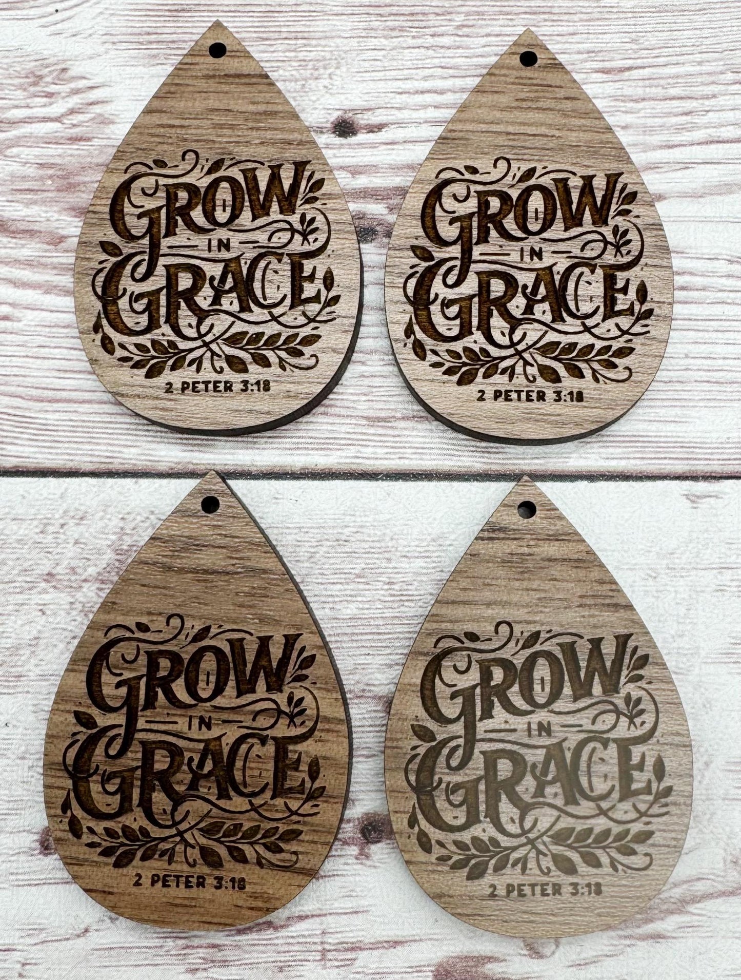 Engraved Grow in Grace Religious Teardrop Earring Blanks, Finished Walnut Blank, DIY Jewelry Making