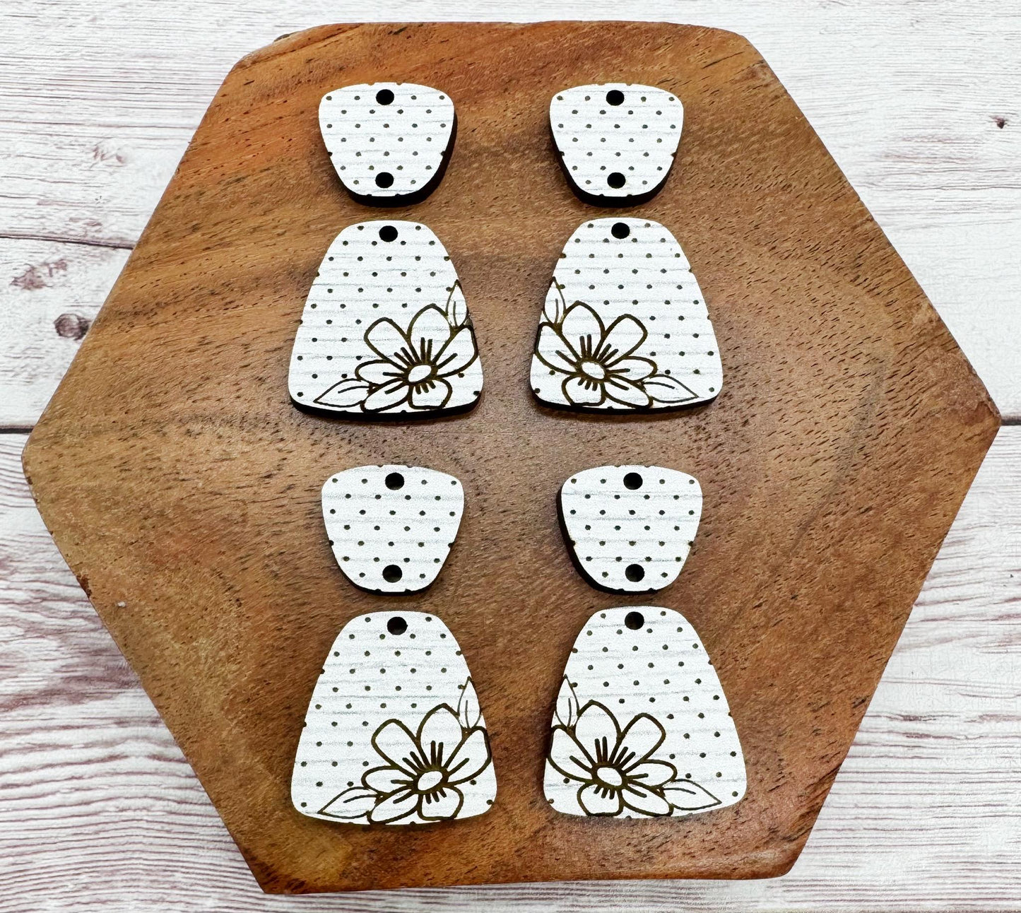 Patterned Wood Engraved Polka Dot Flower Duo Earring Blanks, DIY Jewelry Making
