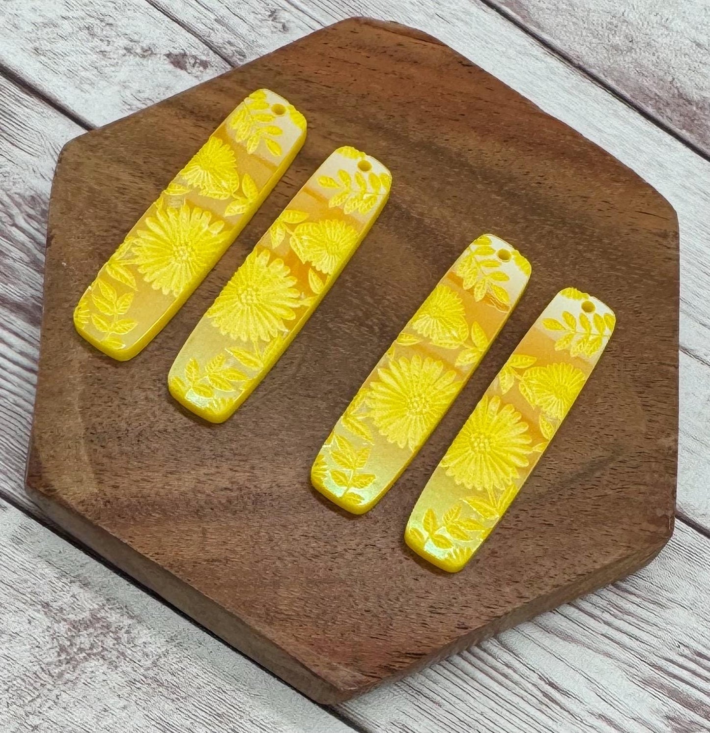 Engraved Iridescent Yellow Flower Acrylic Bar Earring Blanks, DIY Jewelry Making