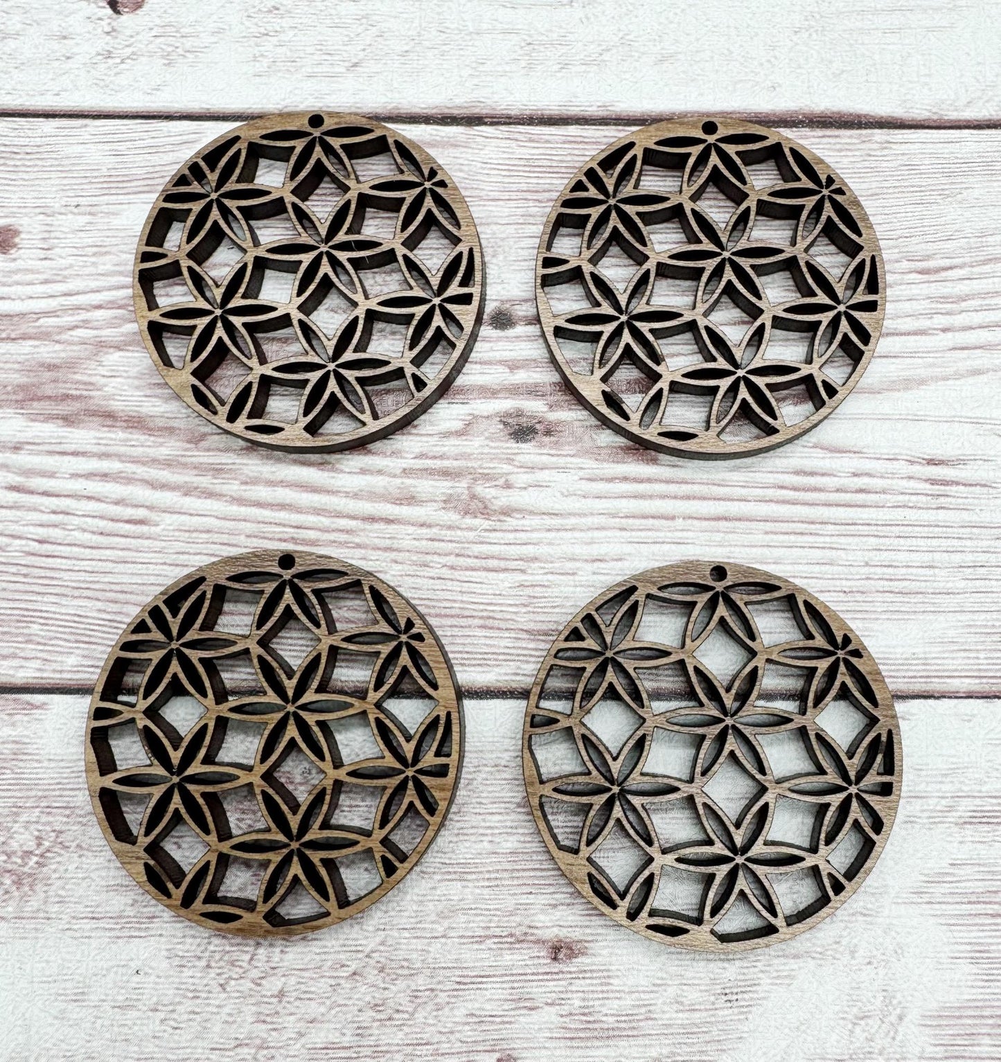 Wood Circle Intricate Flower Earring Blanks, Finished Walnut Blank, DIY Jewelry Making