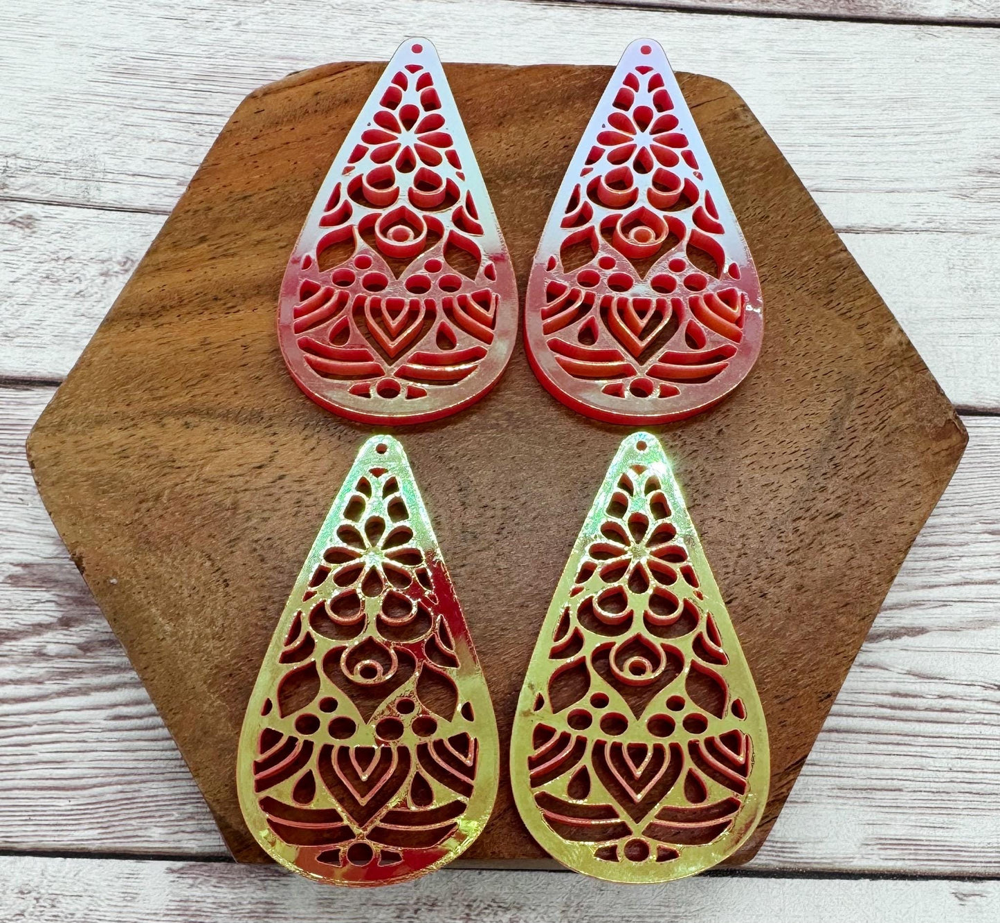 Pink Iridescent Mandala Cutout Acrylic Teardrop Earring Blanks, DIY Jewelry Making